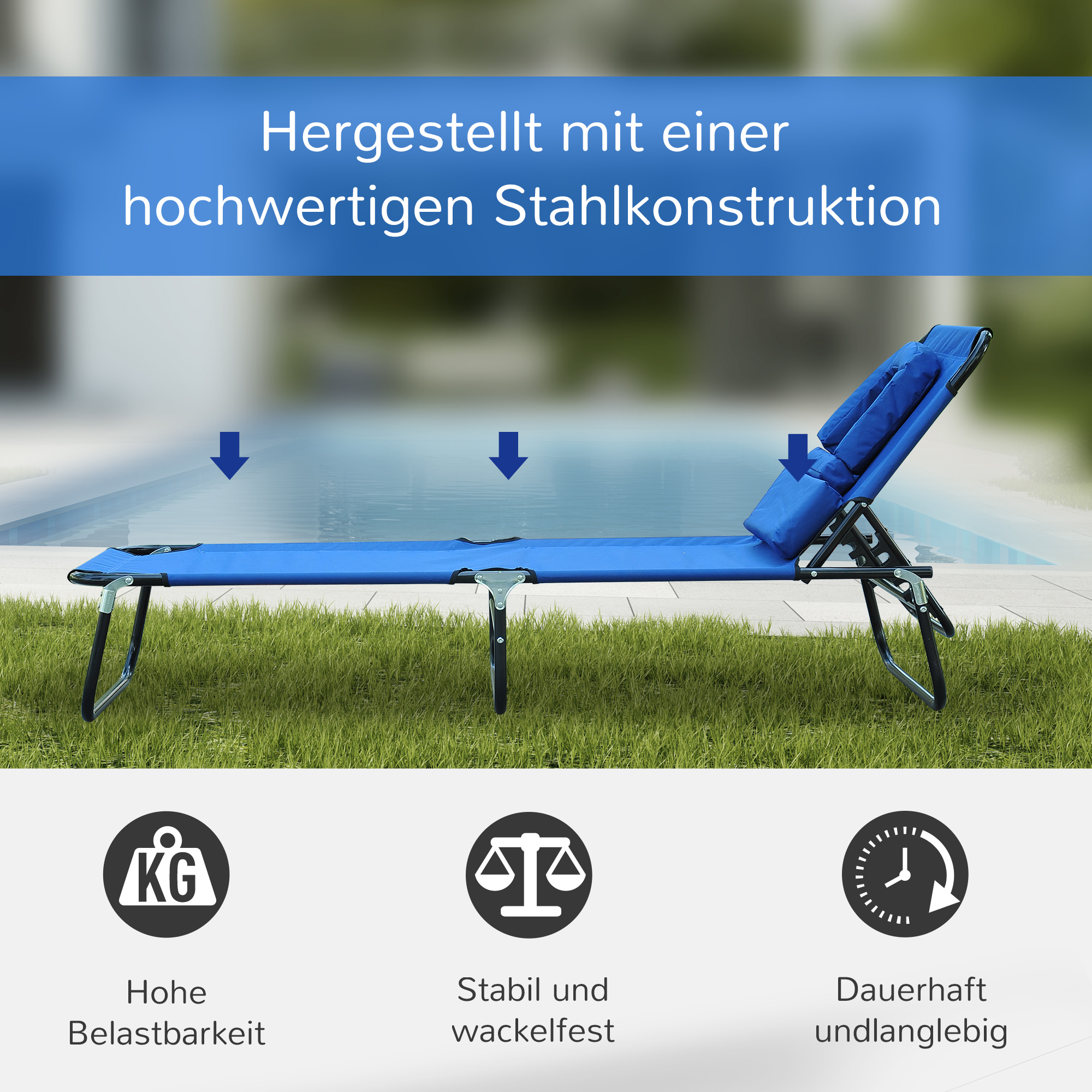 Sonnenliege klappbar Gartenliege mit Kopfkissen Liegestuhl mit 4-Fach verstellbare Rückenlehne Campingliege mit Lesefenster Gartenstuhl bis 120kg belastbar für Garten, Balkon geeignet Blau