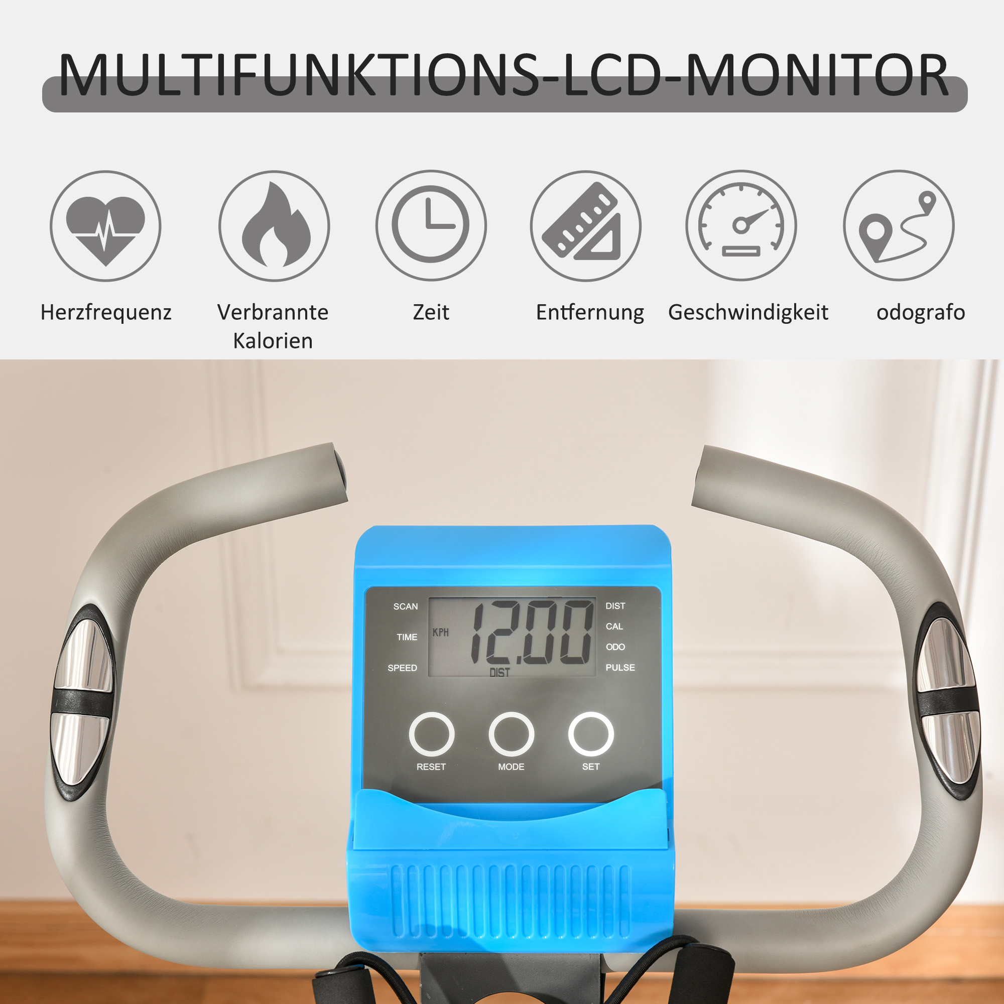 Heimtrainer 2-in-1 Fahrradtrainer mit LCD-Display Pulsmesser verstellbar Sitz Räder, klappbarer Hometrainer Trimmrad mit 8 stufig Magnetwiderstand, Spannseil, Stahl