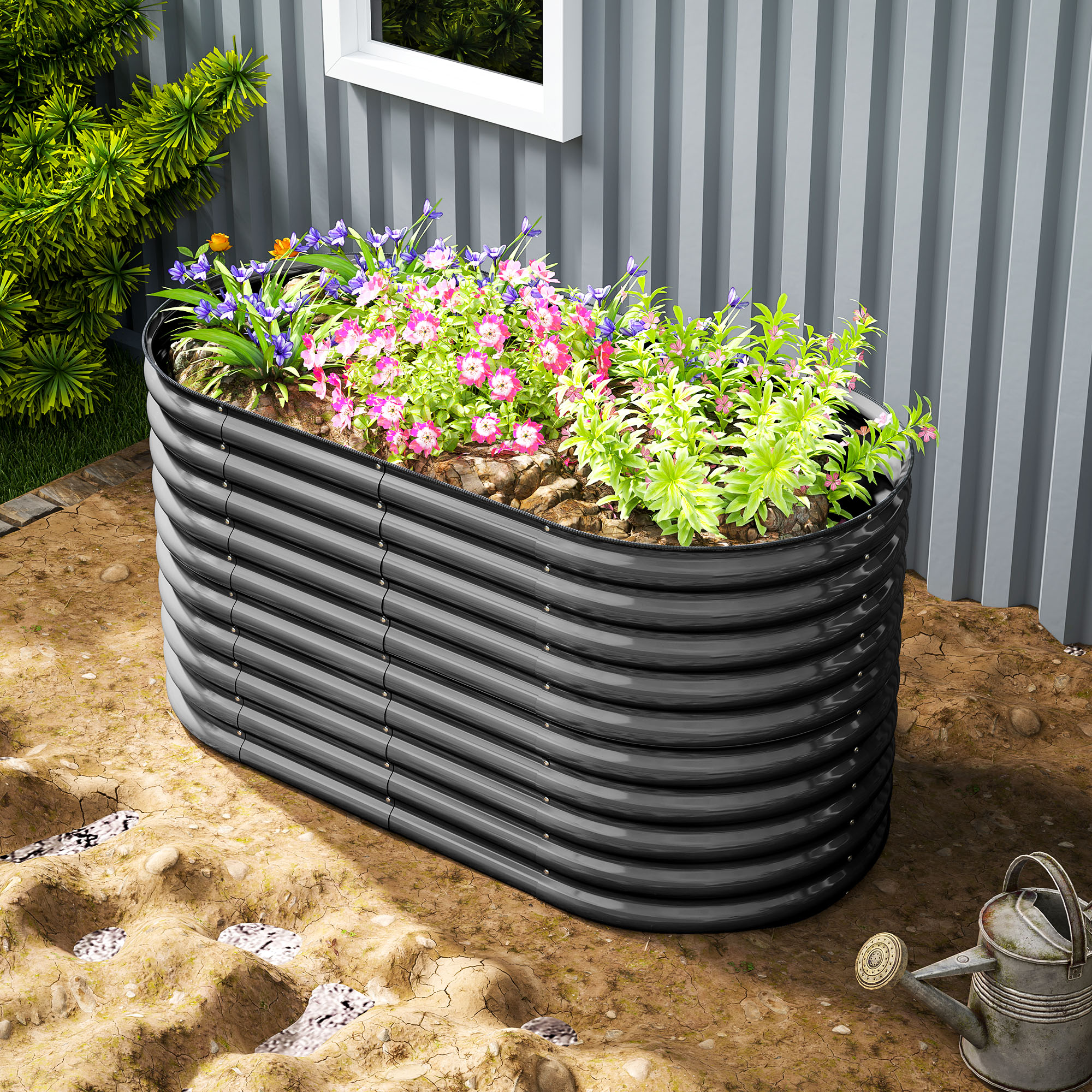 Pflanzkübel, Metall-Blumenkübel mit Sicherheitskante und Handschuhen, offener Boden, 160B x 80T x 80H cm, Dunkelgrau