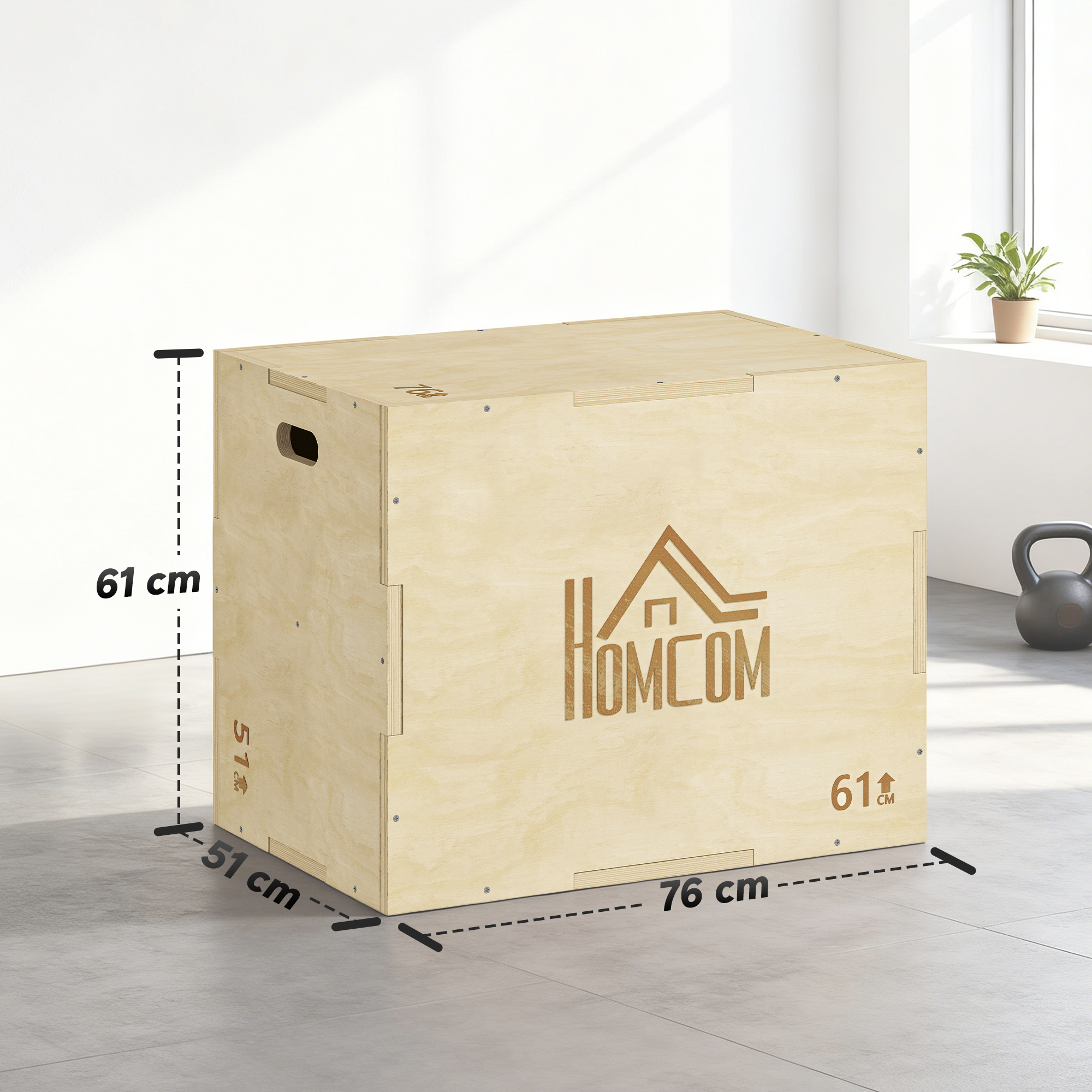 3-in-1 Plyo Box Holz Plyometrische Sprungbox mit 3 Sprunghöhen Griffen 61 x 51 x 76 cm Naturholz