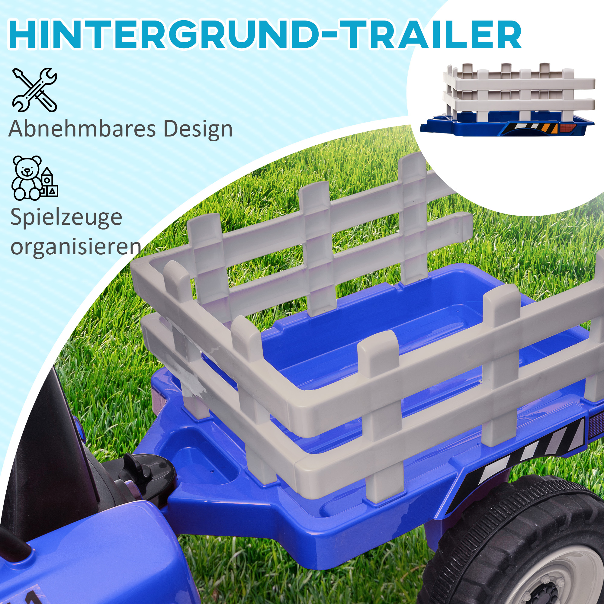 Kinder-Elektroauto mit Anhänger, Fernbedienung, Scheinwerfer, 3-6 km/h, für 3-6 Jahre, Blau