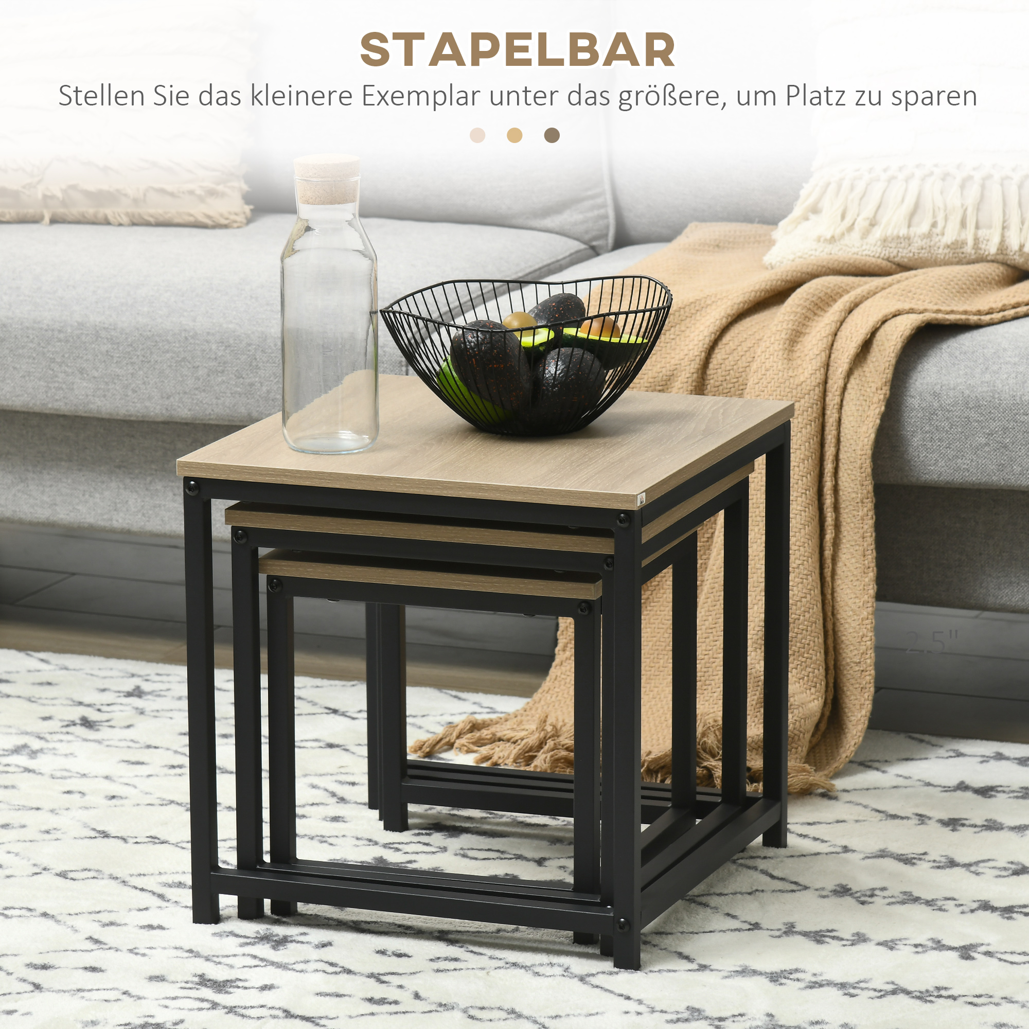 Satztisch-Set aus 3 Beistelltischen, Industrial Design, schwarzer Stahlrahmen, Tischplatte in Holzoptik