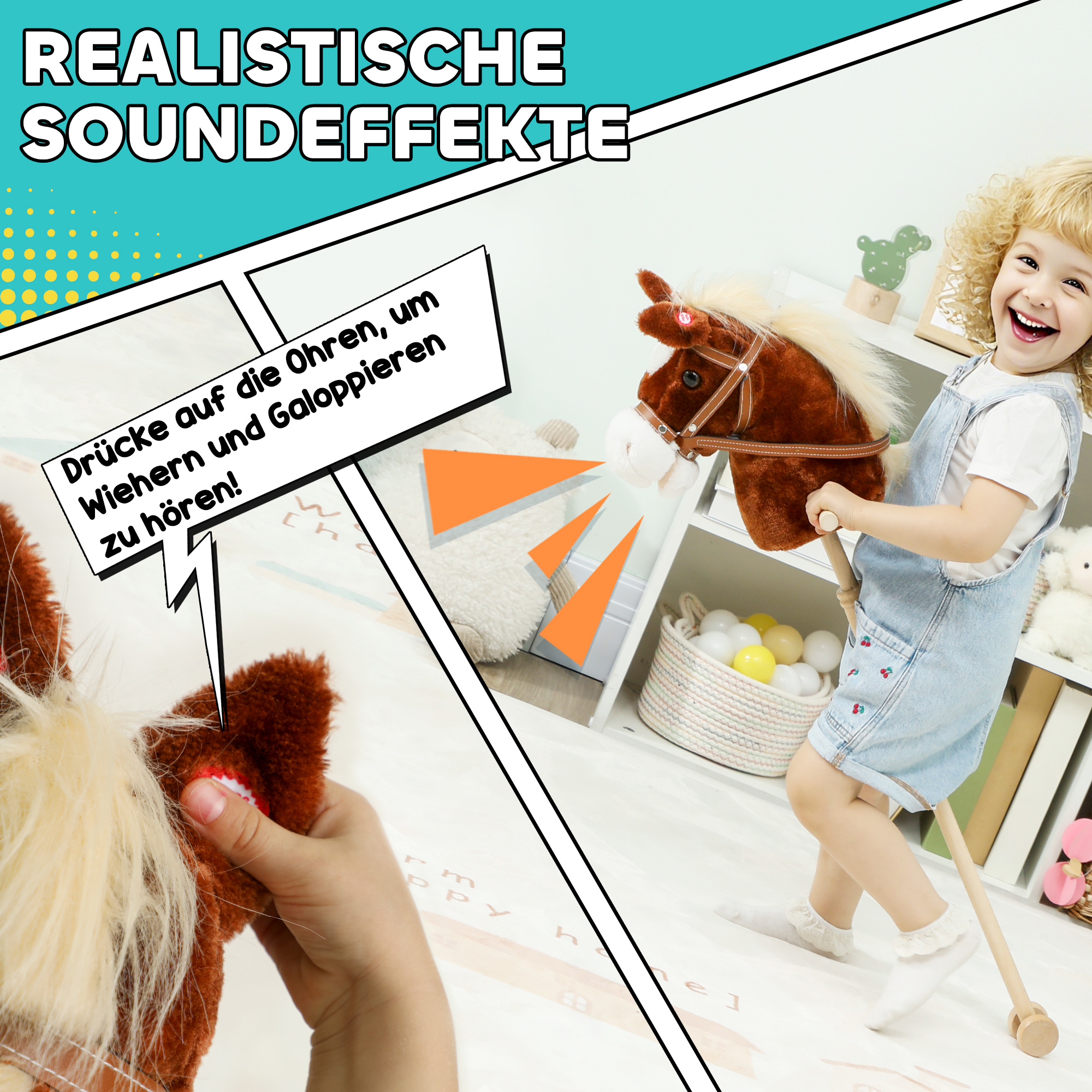Steckenpferd Kinder Steckenpferde mit Sound, Griffe, Rolle, Stockpferd zum Reiten für Kinder 24+ Monate, Braun