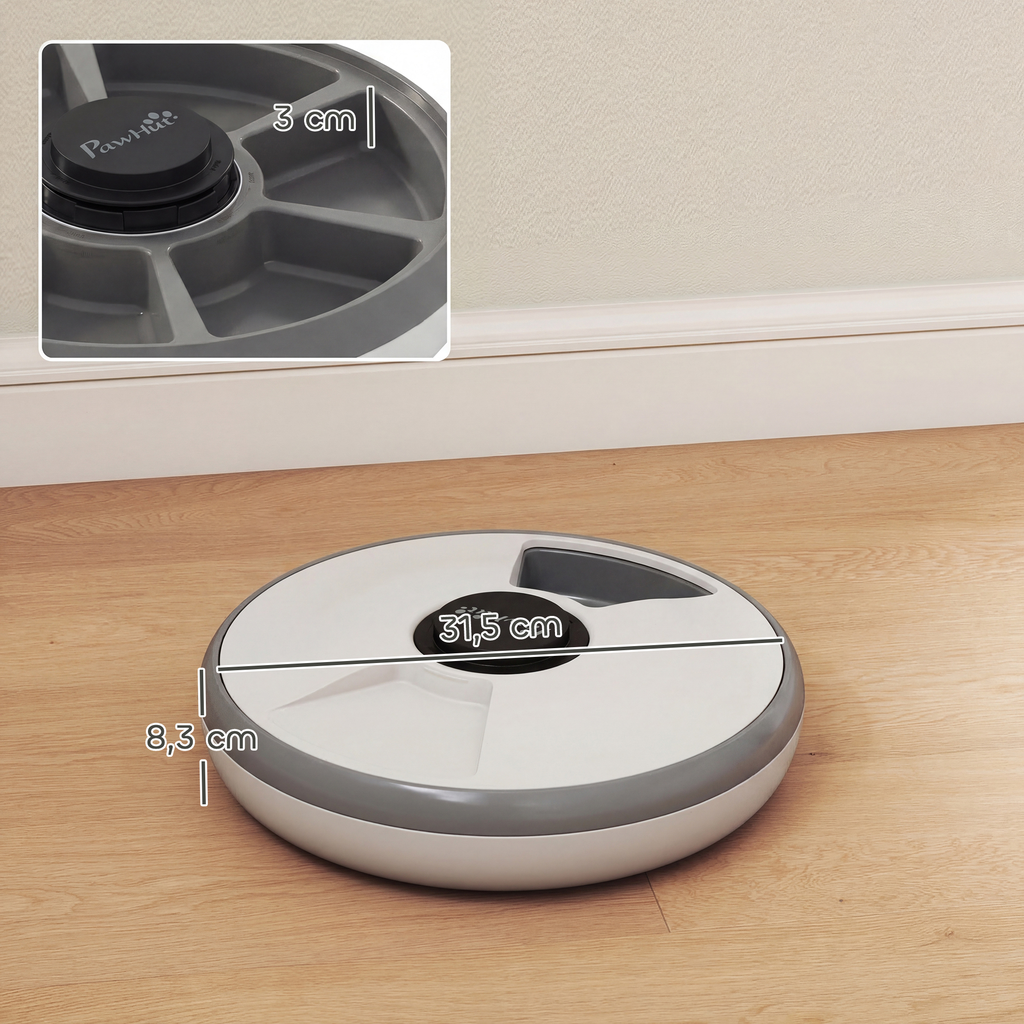 Futterautomat, automatischer kabelloser Futterspender mit Timer bis zu 6 Mahlzeiten, LED-Display, Kühlakku Grau