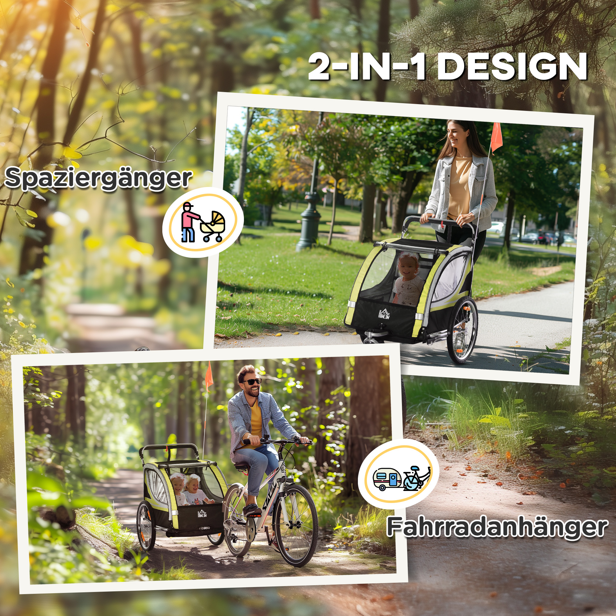 2-in-1 Fahrradanhänger für 2 Kinder, Schiebefunktion, Regenschutz, Bremse, Gelb