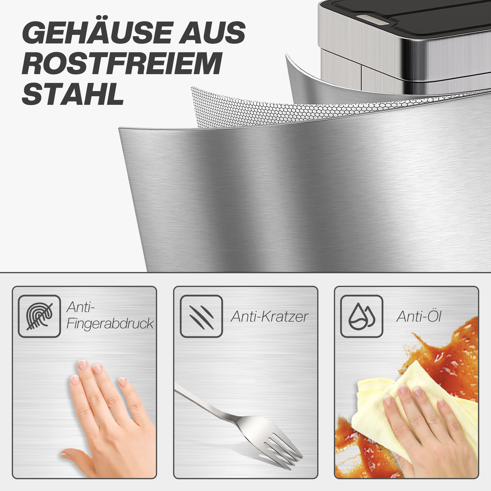 Sensor-Mülleimer, 55 L Kapazität, Schmetterlingsdeckel, öffnet automatisch, Edelstahl, Silberfarben
