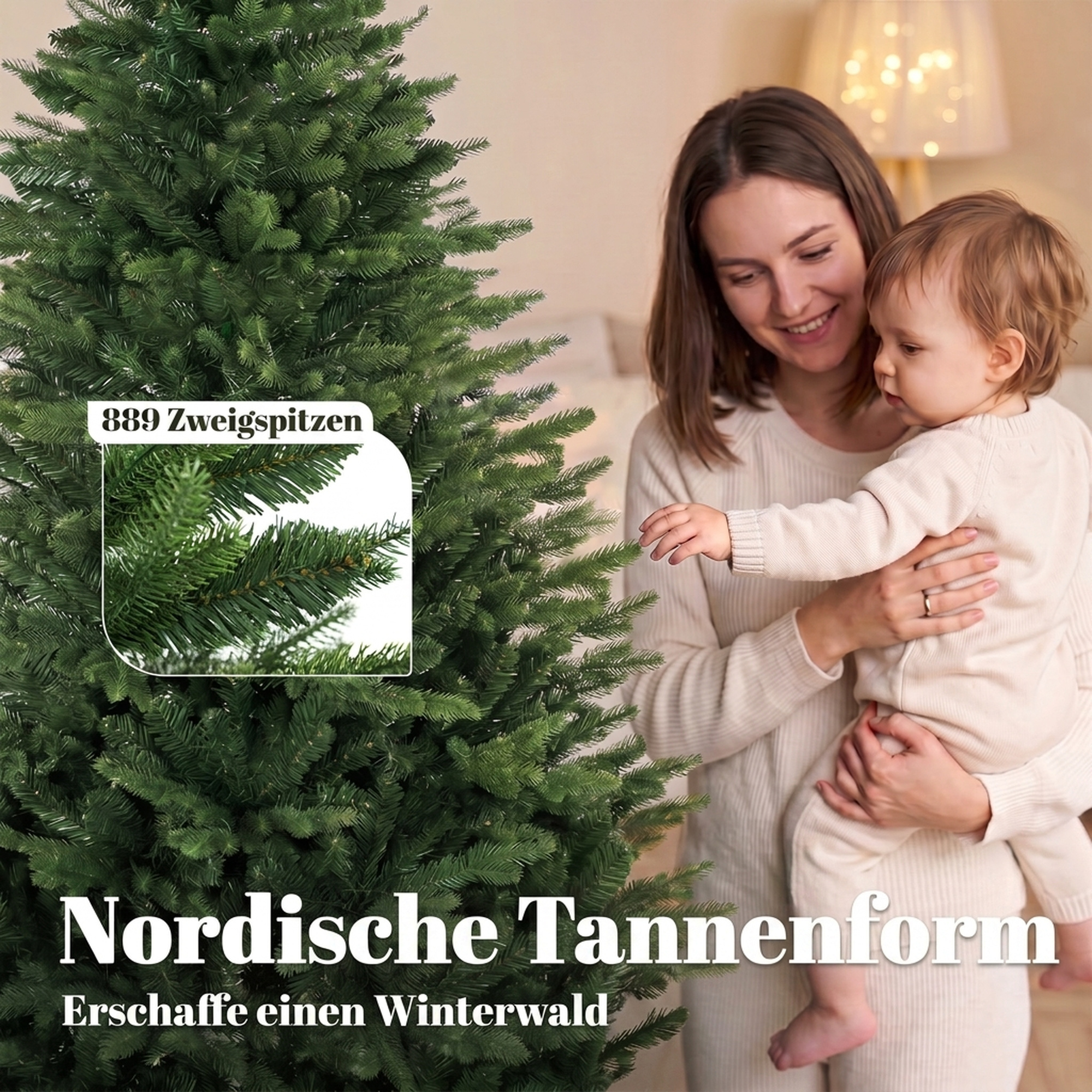 künstlicher Weihnachtsbaum 180 cm mit Kiefernholzständer, Nordic-Tanne mit Klappsystem, 889 Zweigspitzen, Grün