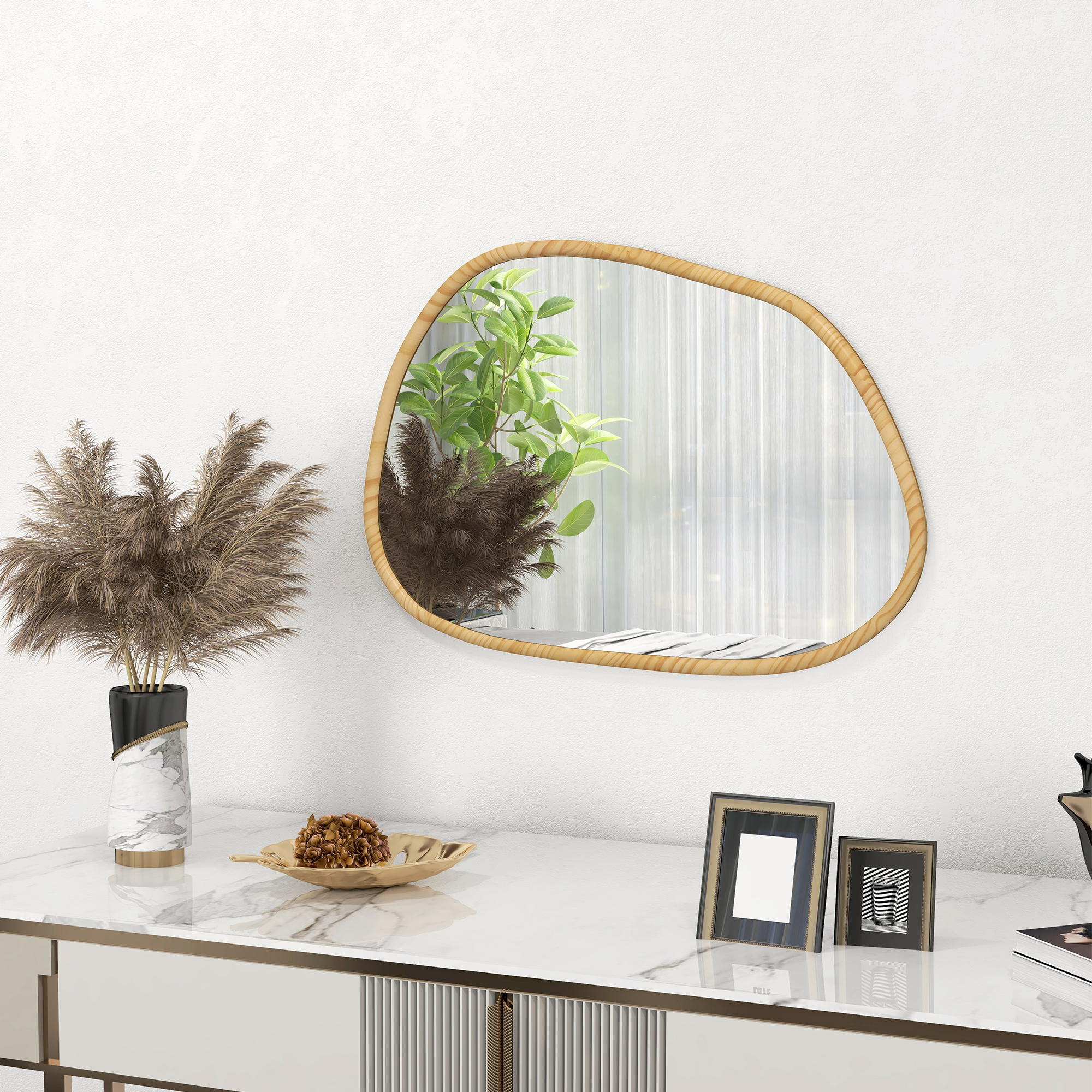 Wandspiegel Dekospiegel Spiegel, Vintage-Design, 70 cm x 2,1 cm x 50 cm, Massivholz, Natur