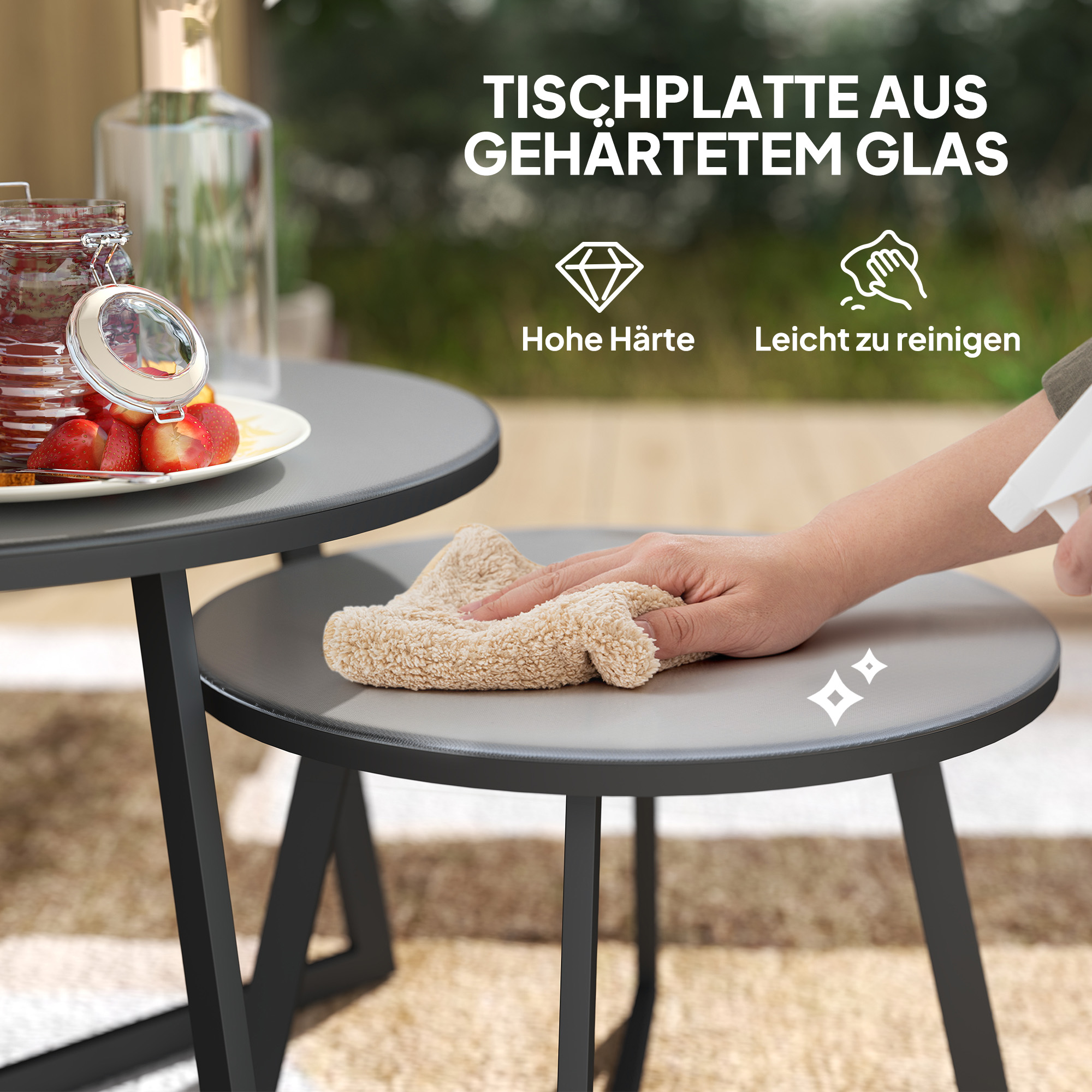 2er Set Beistelltisch Stapelbar Gartentisch Rund wetterfest Balkontisch mit X-Beine Glasplatte Stahl Schwarz+Grau
