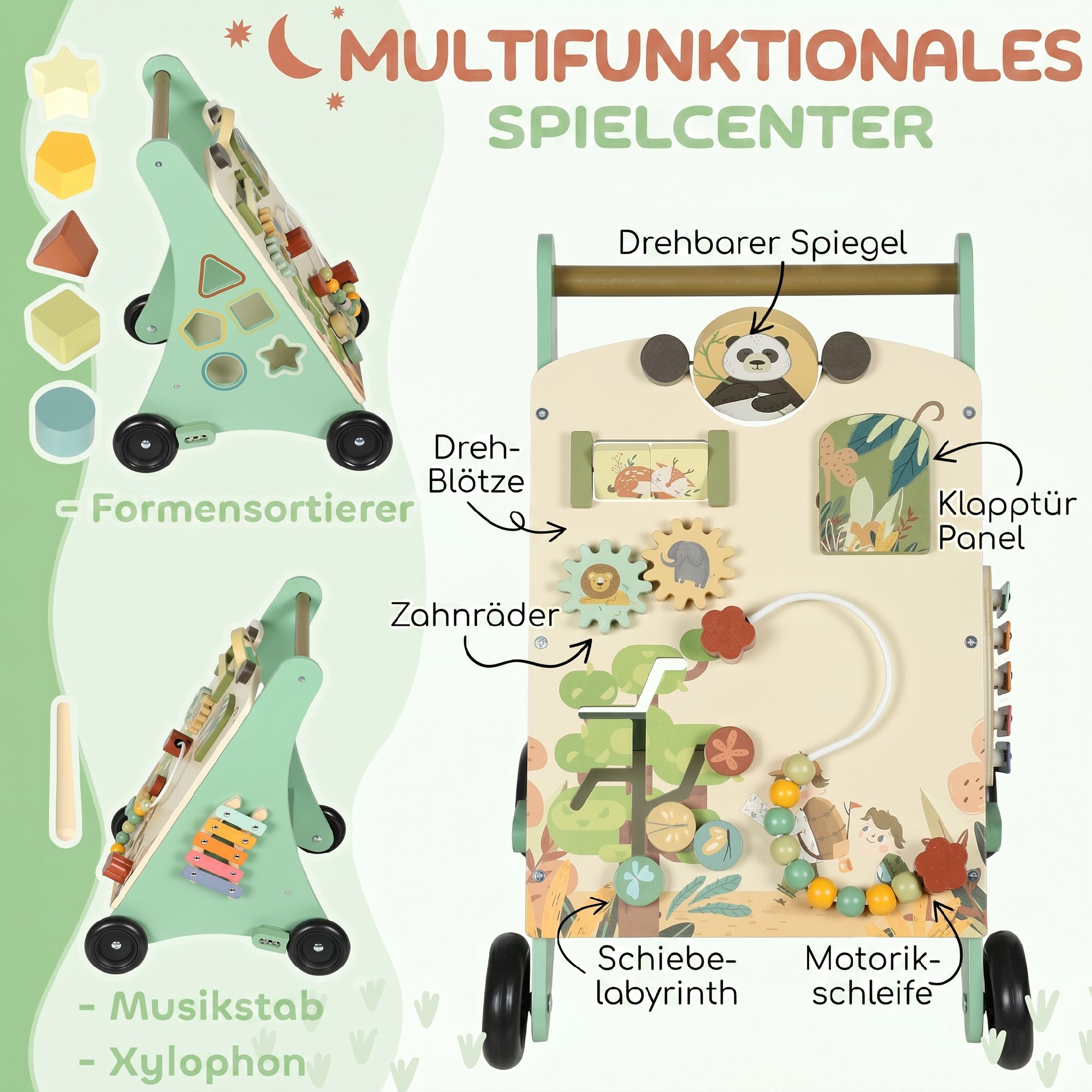 Lauflernwagen Holz Montessori Lauflernhilfe mit Geschwindigkeitskontrolle, Xylophon, Zahnrädern und Perlenlabyrinth Grün