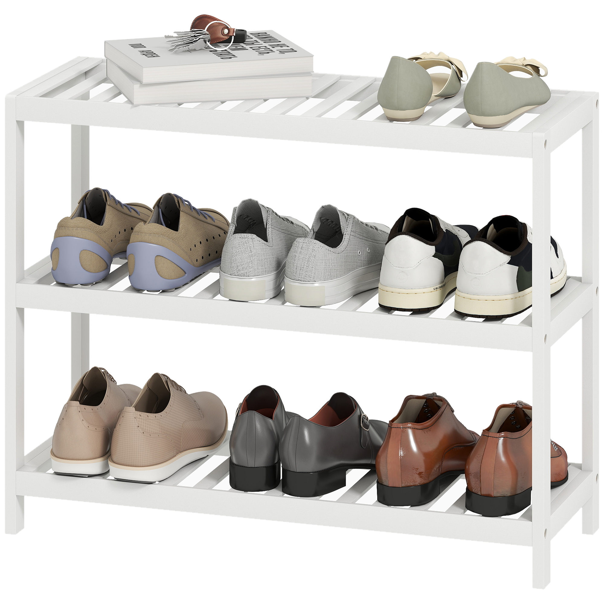3-stufiges Bambusregal, Schuhregal, Aufbewahrungsregal, lackierte Oberfläche, Weiß 3-stufiges Bambusregal, Schuhregal, Aufbewahrungsregal, lackierte Oberfläche, Weiß