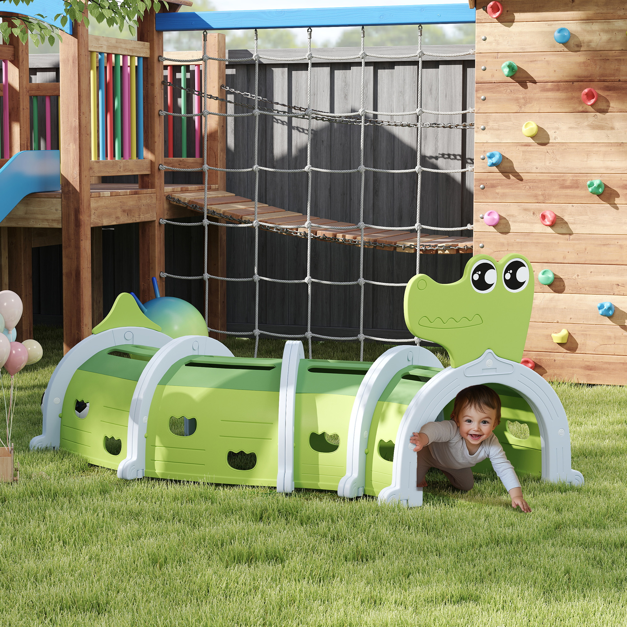 Krokodil Spieltunnel, flexible Form, robust, für Kinder 3-6 Jahre, 194 x 88 x 92 cm, Grün
