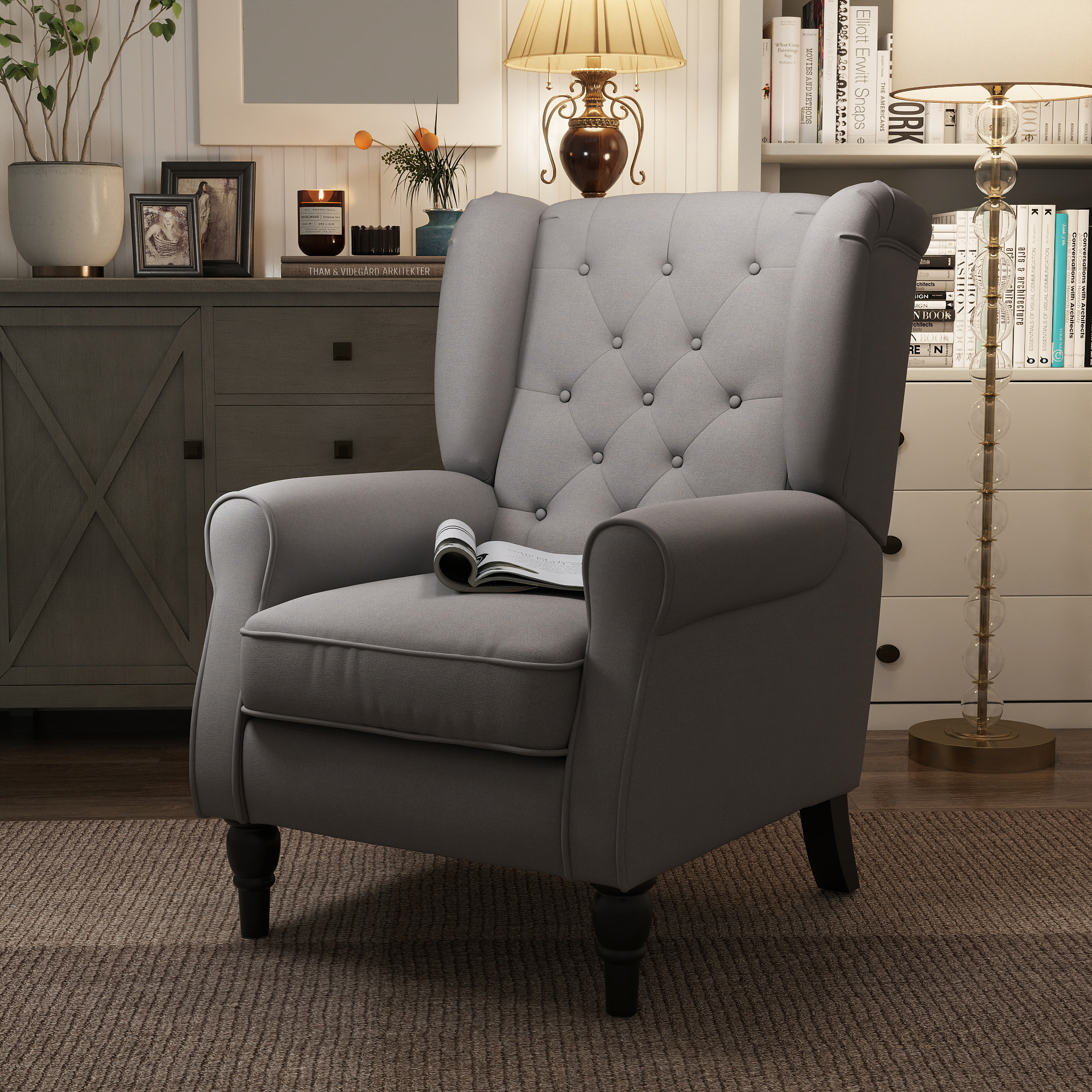 Ohrensessel Sessel mit Tufting, hoher Rückenlehne, Gepolstert Loungesessel mit abgerundeten Armlehnen, Holzbeine, für Schlafzimmer, Wohnzimmer, bis 160 kg, Grau