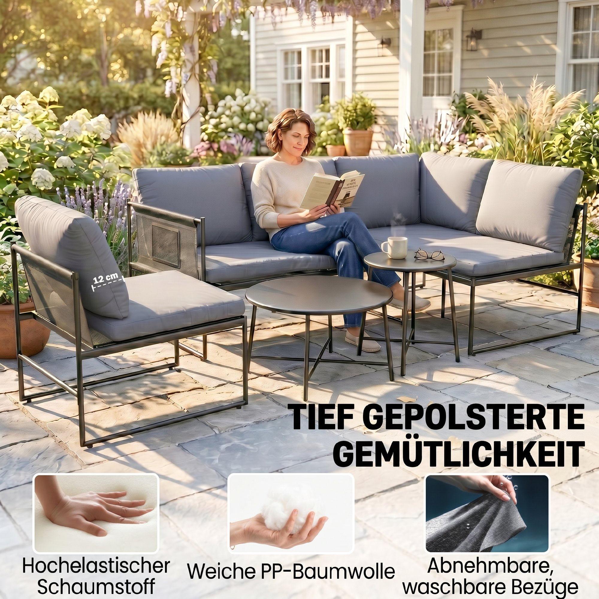 Lounge Gartenmöbel Set 4-5 Personen Gartenlounge Set mit 2 Sitzer Gartensofa Couchtisch Stuhl dick waschbar Kissen