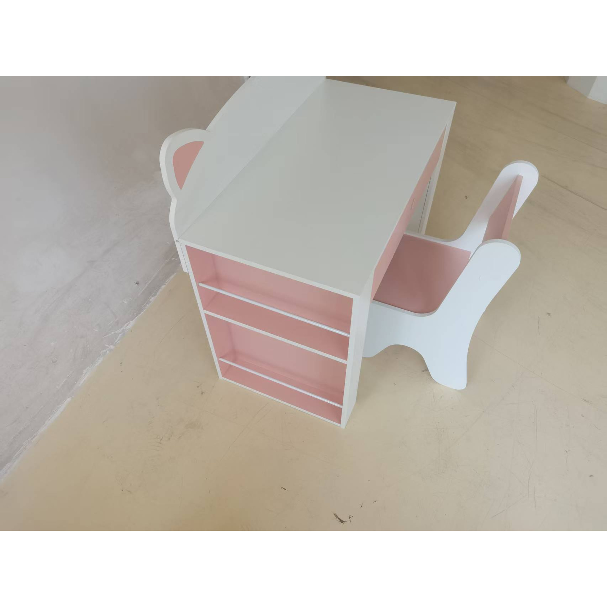 Kindertisch mit Stuhl 2 teilige Kindersitzgruppe mit Bücherregal Schublade Fuchs-Design für Kinder 3-8 Weiß+Rosa