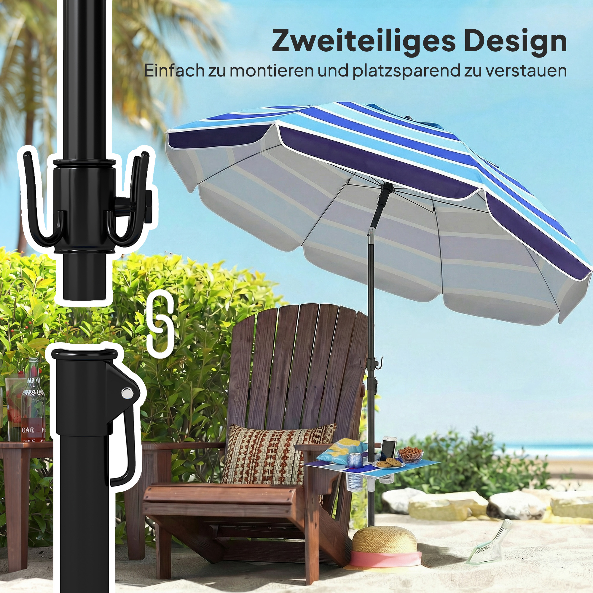Sonnenschirm Strand Ø198 cm UV30+ Strandschirm mit klappbar Tisch Getränkehalter verstellbarer Neigung Mehrfarbig