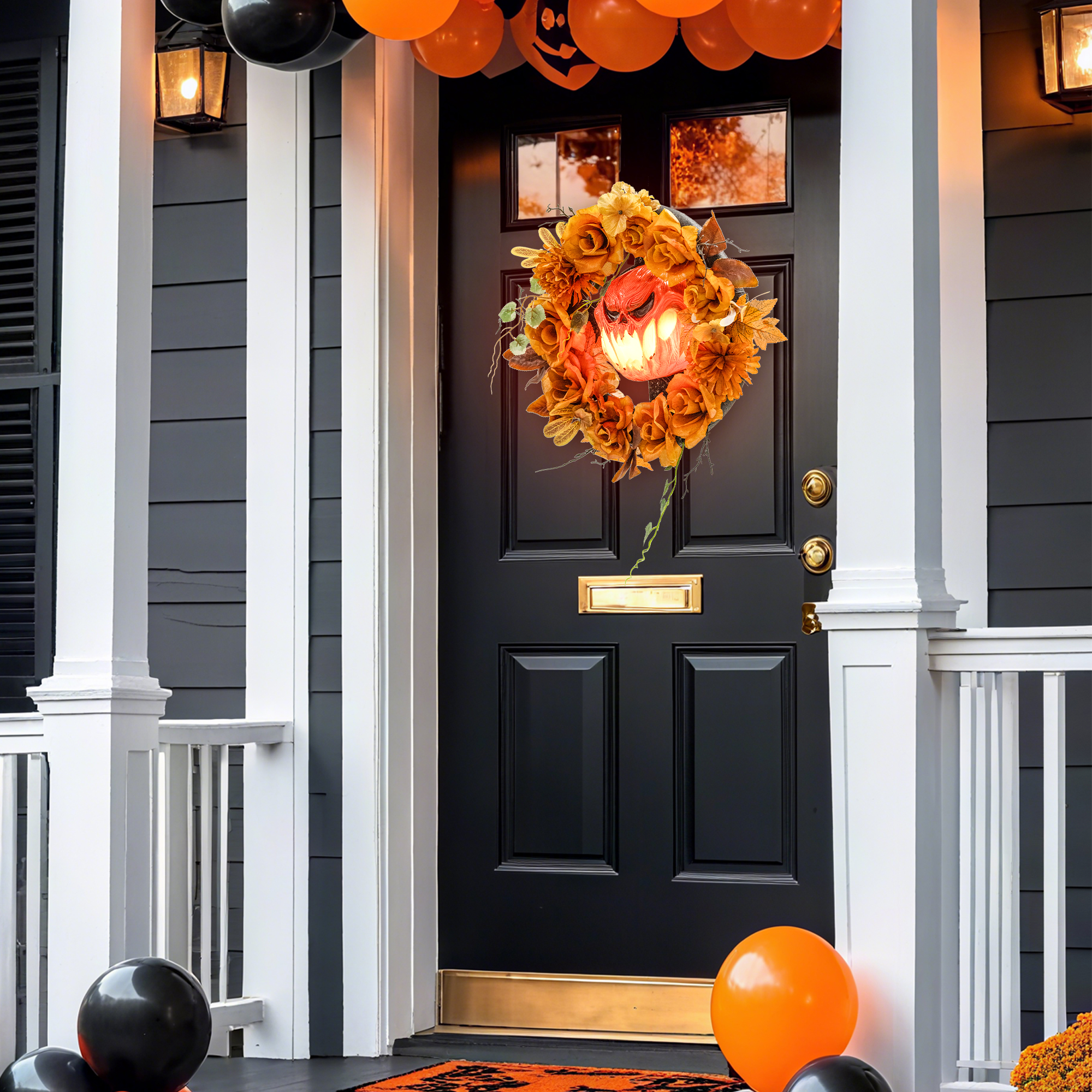 Halloween-Kranz, Grusel-Kürbis-Design, Herbstblätter, Lichteffekte, Kunststoff