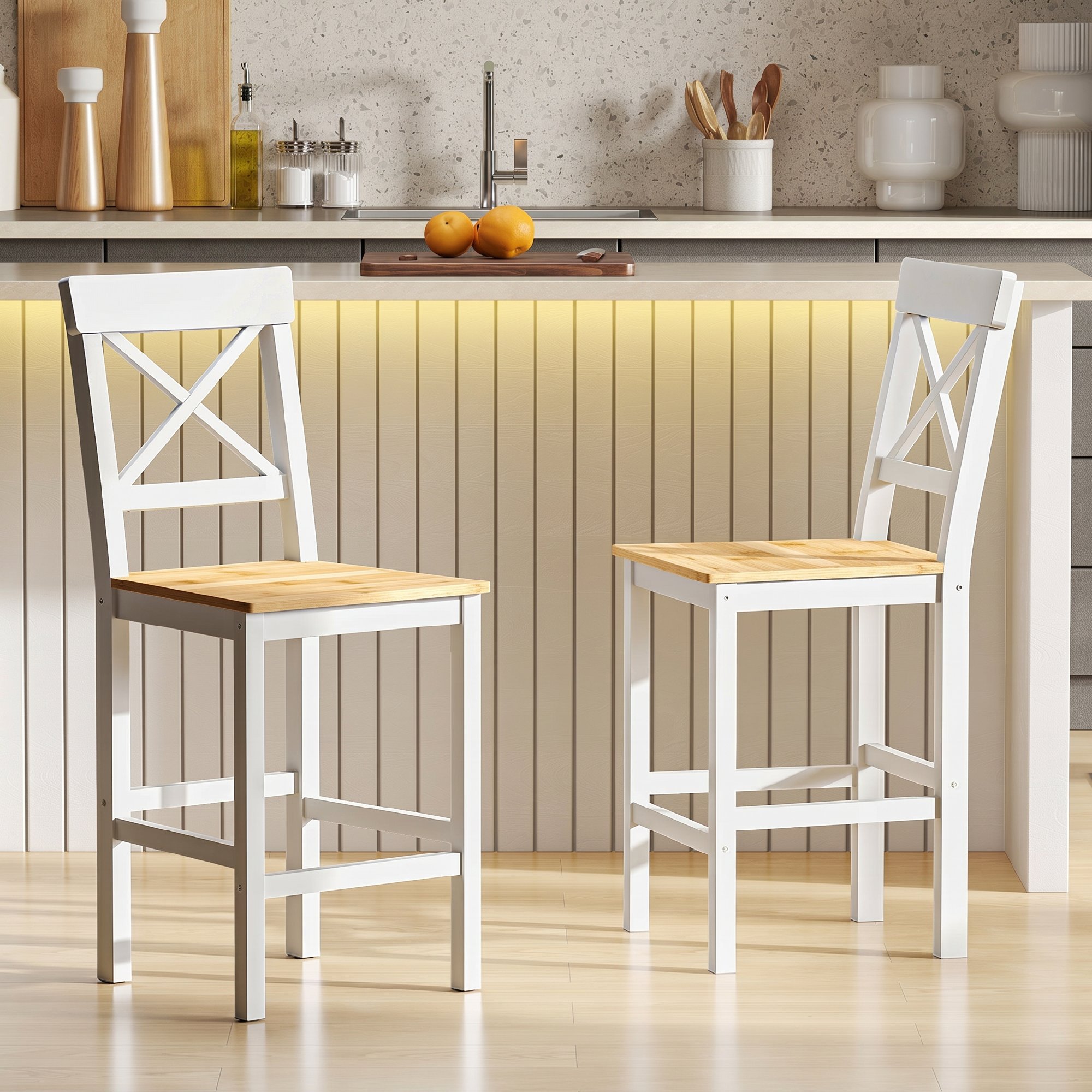 Barhocker 2er Set Barstuhl aus Kiefernholz mit Fußstütze, Lehne, Landhaus-Stil für Küche, Wohnzimmer, Natur