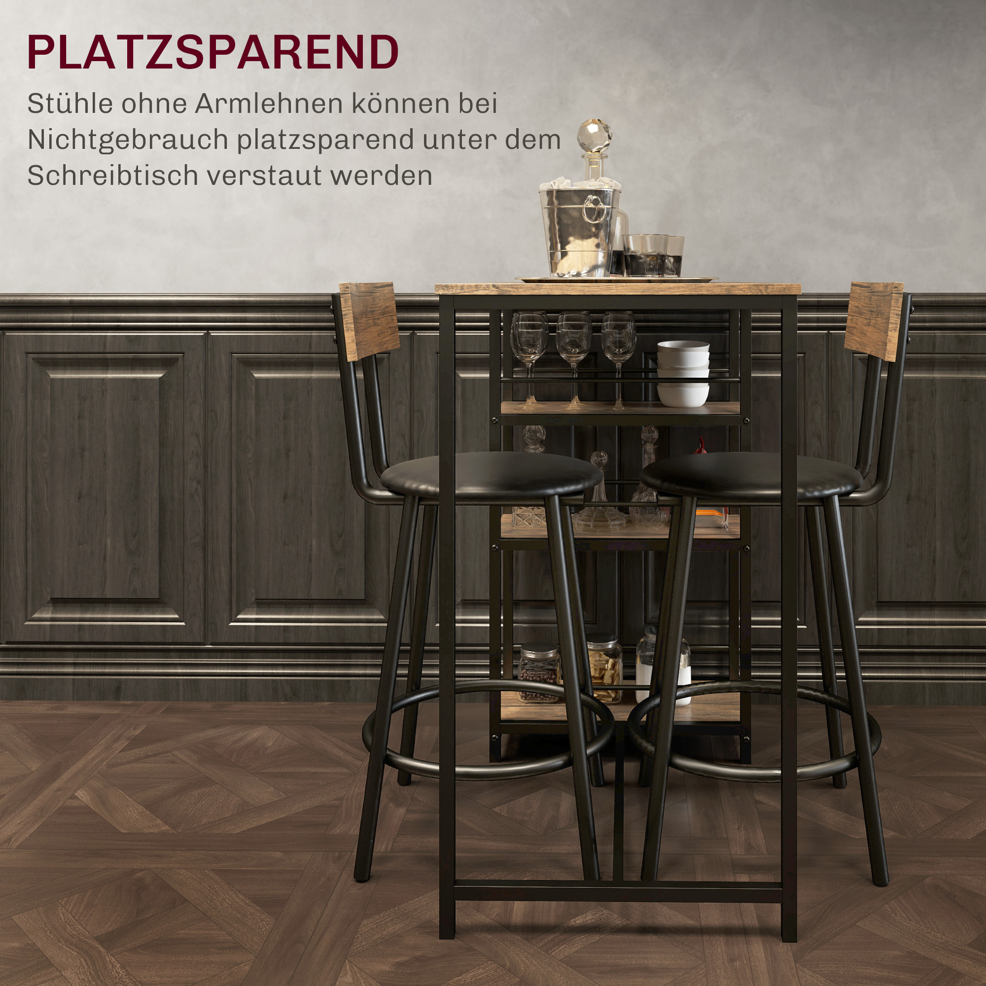 3-teiliges Ess-Set mit Bartisch und 2 Stühlen, Kleines Küchenset mit seitlichen Regalen, MDF, Metall, Schwarz