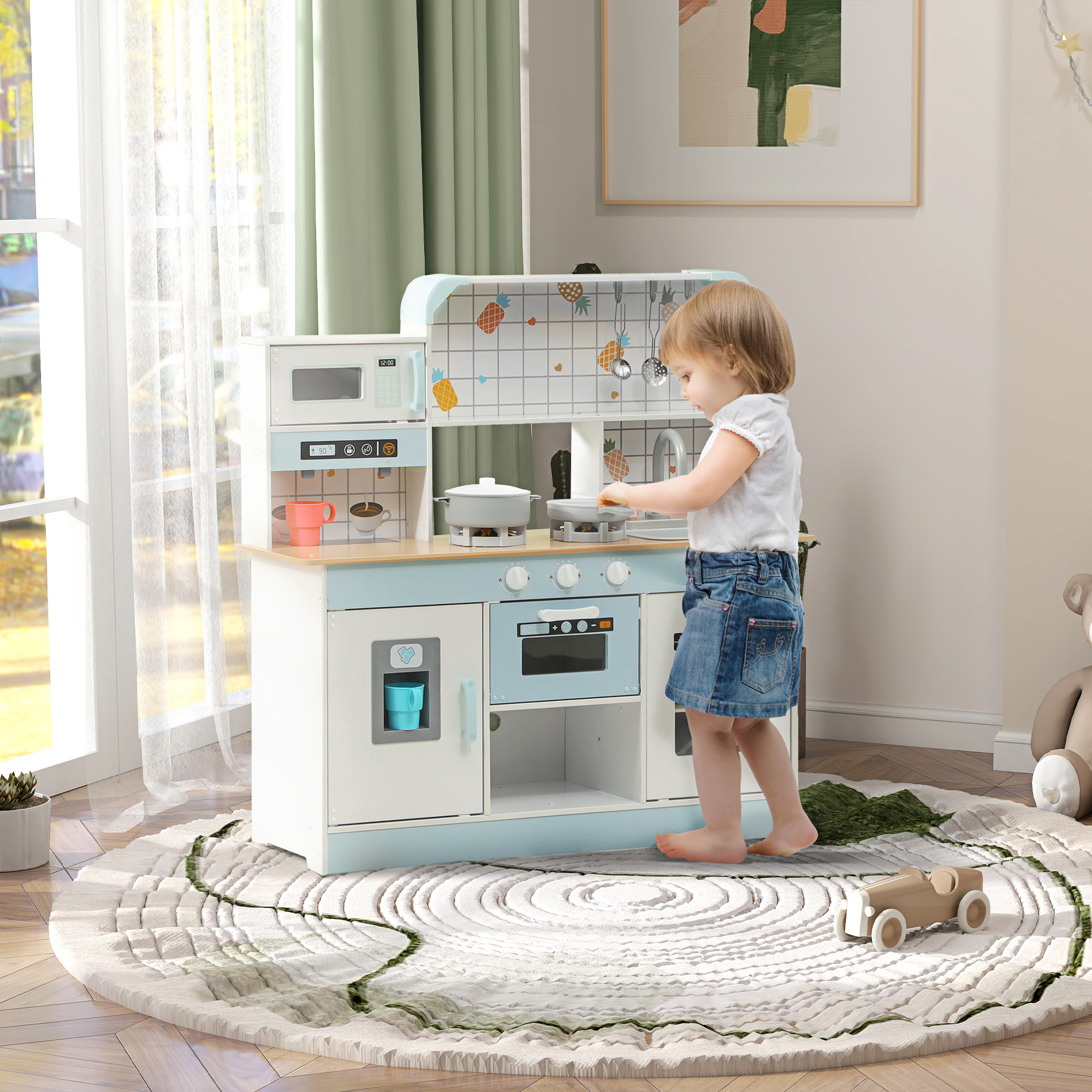 Spielküchen-Set, Kinderküche mit Effekten, Kaffeemaschine, Ofen, viel Stauraum, MDF, Edelstahl, für Kinder ab 3 Jahren