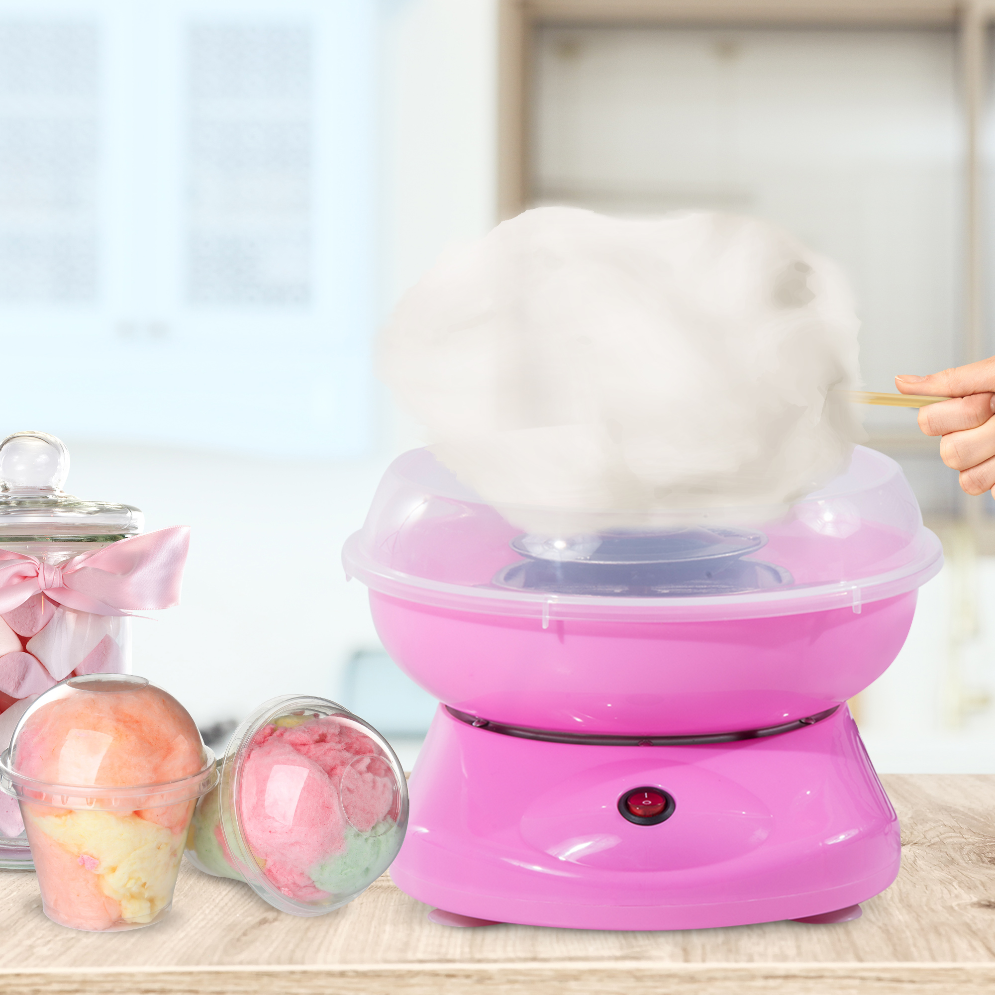 Zuckerwattemaschine für Zuhause Cotton Candy Machine Zuckerwatte Maschine mit Stäbchen und Messlöffel Höhe 18 cm 550W für Kinderfest, Geburtstag, Party Rosa