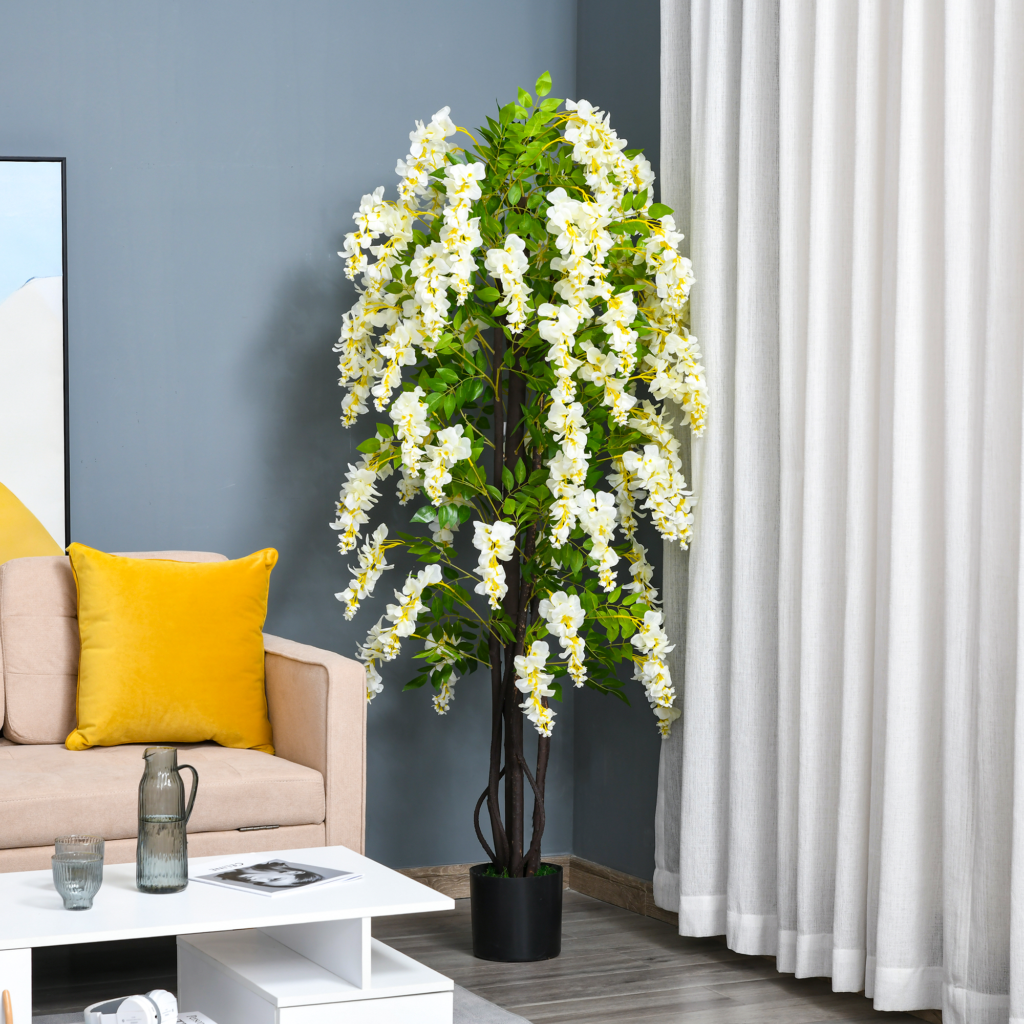 Künstliche Glyzinien groß 165cm Kunstpflanze, Plastik Künstliche Pflanzen Kunstblumen im Topf, Fake Plant wie echt für Büro Wohnzimmer Schlafzimmer Moderne Dekoration Geschenk