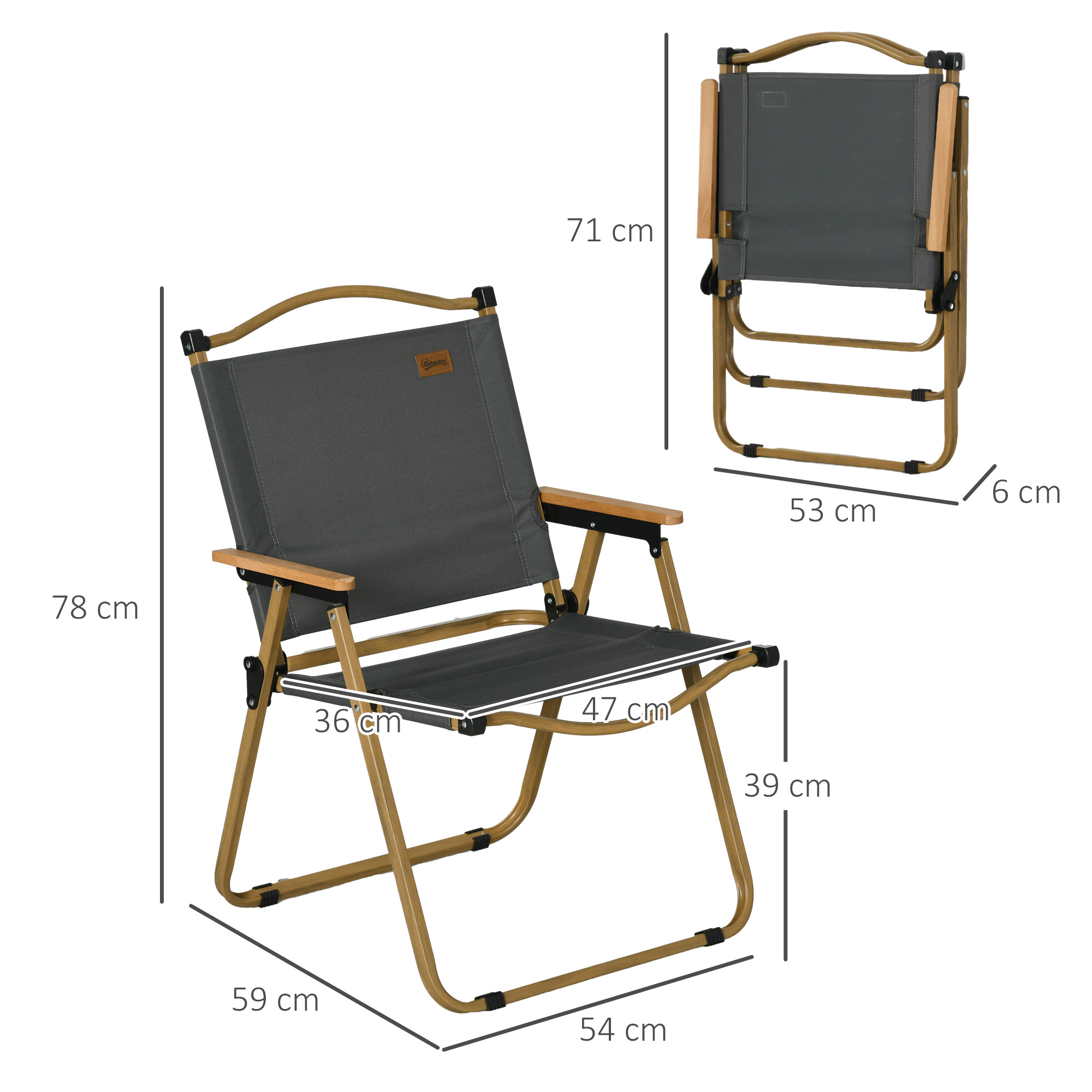 Campingstühle, 2 x Strandstuhl, faltbar, Stahl, Holzoptik, Dunkelgrau