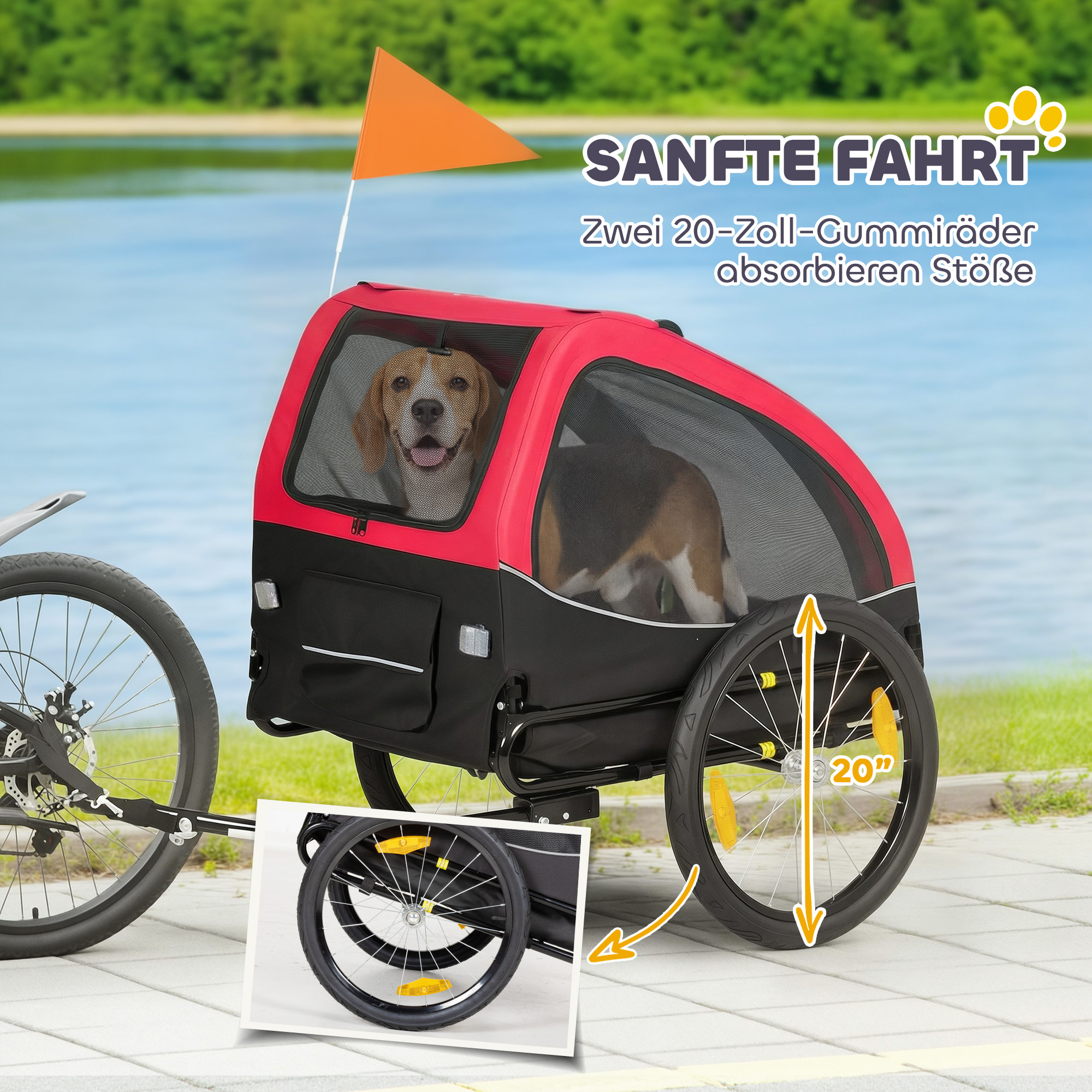 Hundeanhänger Faltbar mit Reflektoren Mesh-Fenster Rädern Tür Sicherheitsflagge für Hunde bis 20 kg 138x70x89 cm Rot