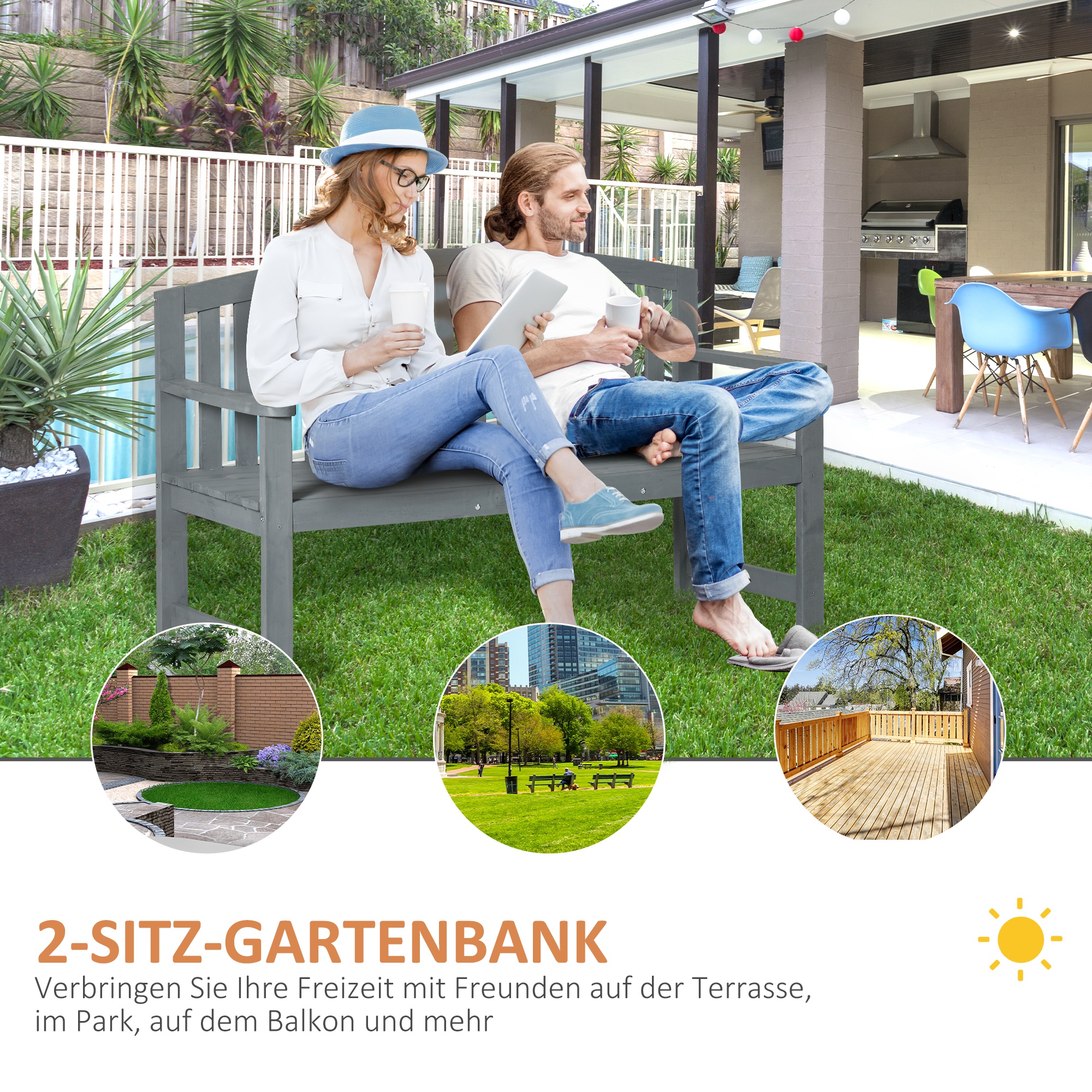 2-Sitzer Gartenbank Holz, wetterfest Sitzbank, Gartenmöbel mit Rückenlehnen, 240 kg belastbar 143 x 51 x 85 cm, Grau