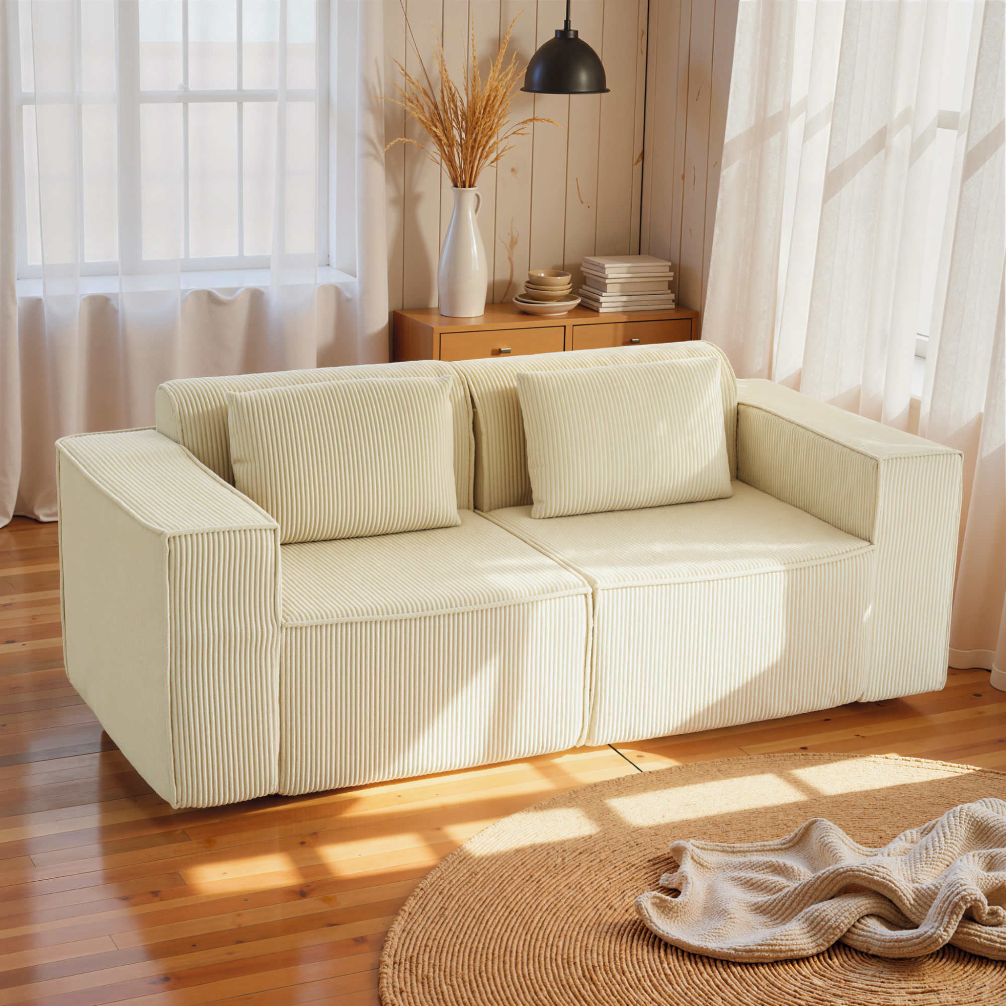 3-Sitzer-Sofa, weiche Schaumstoffstruktur, breite Armlehnen, 2 Kissen, Cordbezug, Beige