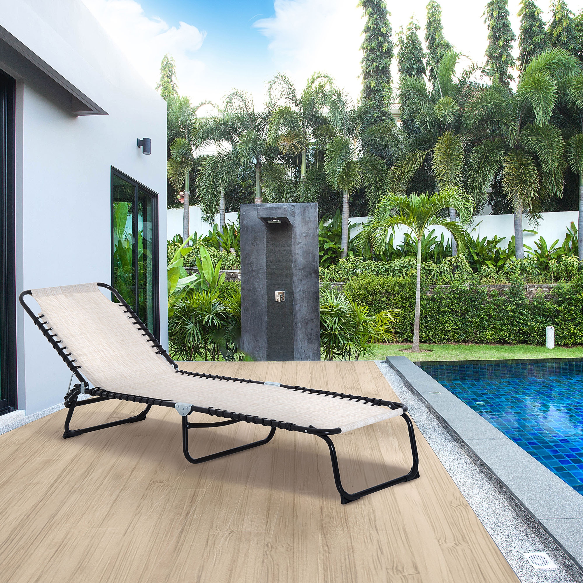 Sonnenliege klappbar Gartenliege, Liegestuhl mit 4-Fach verstellbare Rückenlehne, wetterfeste Campingliege bis 120 kg belastbar, für Garten Strand Pool, Cremeweiß