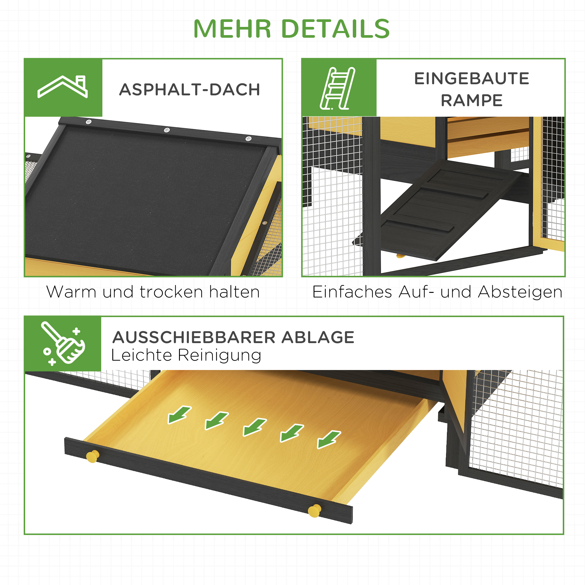 Hühnerstall Kleintierstall 2 Außengehege, 1 Nistkasten, 2 Rampen,Asphaltdach, wetterbeständig, Gelb