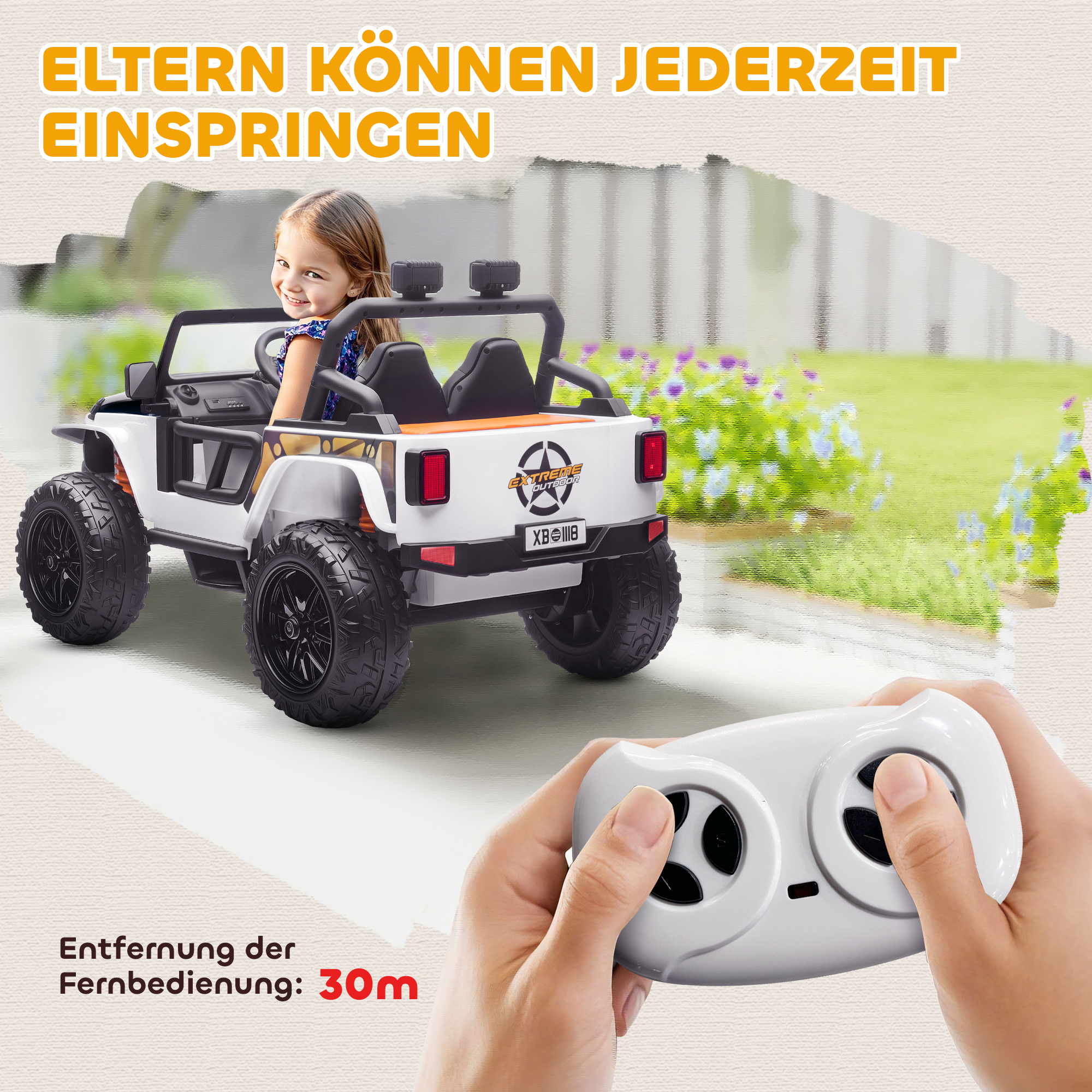 Elektrofahrzeug für Kinder, 12V Batterie, mit Eltern-Kind-Sitz, fernsteuerbar, Musik, Hupe, LED-Lichter, 3-8 Jahre, Weiß