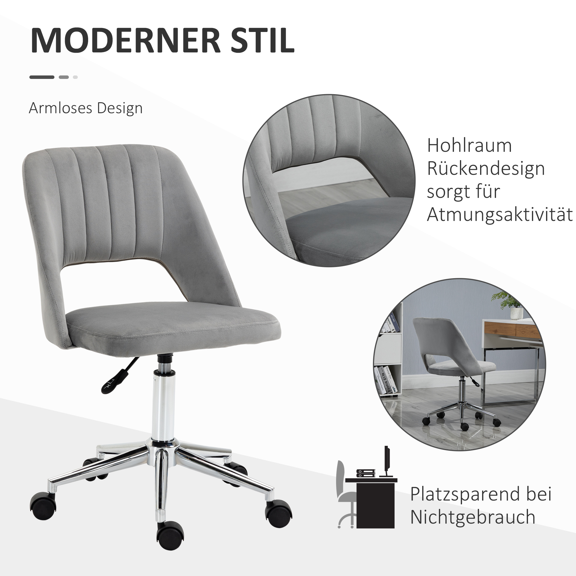 höhenverstellbarer Schreibtischstuhl mit Rollen, 360° drehbar, Jakobsmuschel-Form, Schaumstoff, 49 x 60 x 79-91 cm, Grau