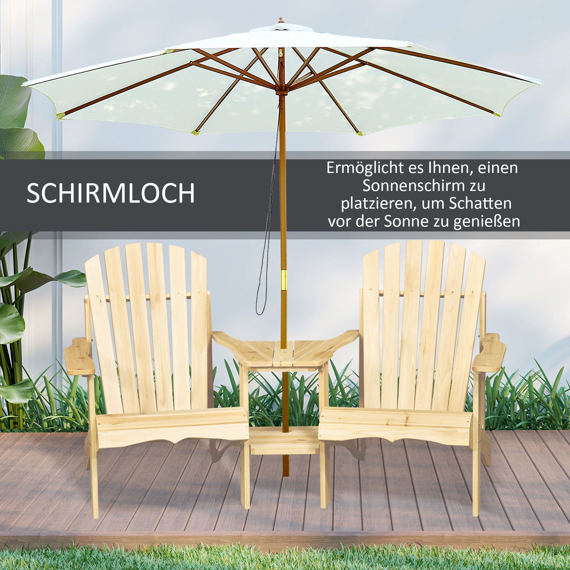 Adirondack Gartenstuhl mit Tisch und Schirmloch 2 Sitzer Gartensessel Sitzgruppe Gartenmöbel für Balkon Massivholz Natur 178 x 87 x 92 cm