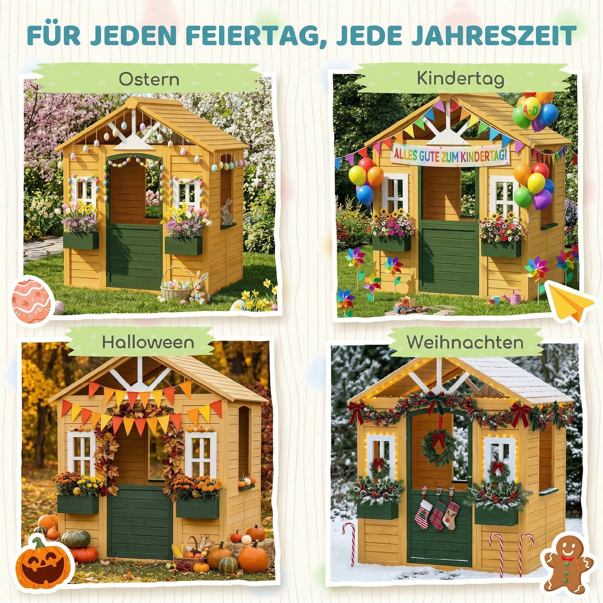 Kinderspielhaus Holz Spielhaus Outdoor mit Tür 3 Fenster 2 Blumenkästen für 3-8 Jahre Kinder 134,5 x 97 x 150 cm Braun