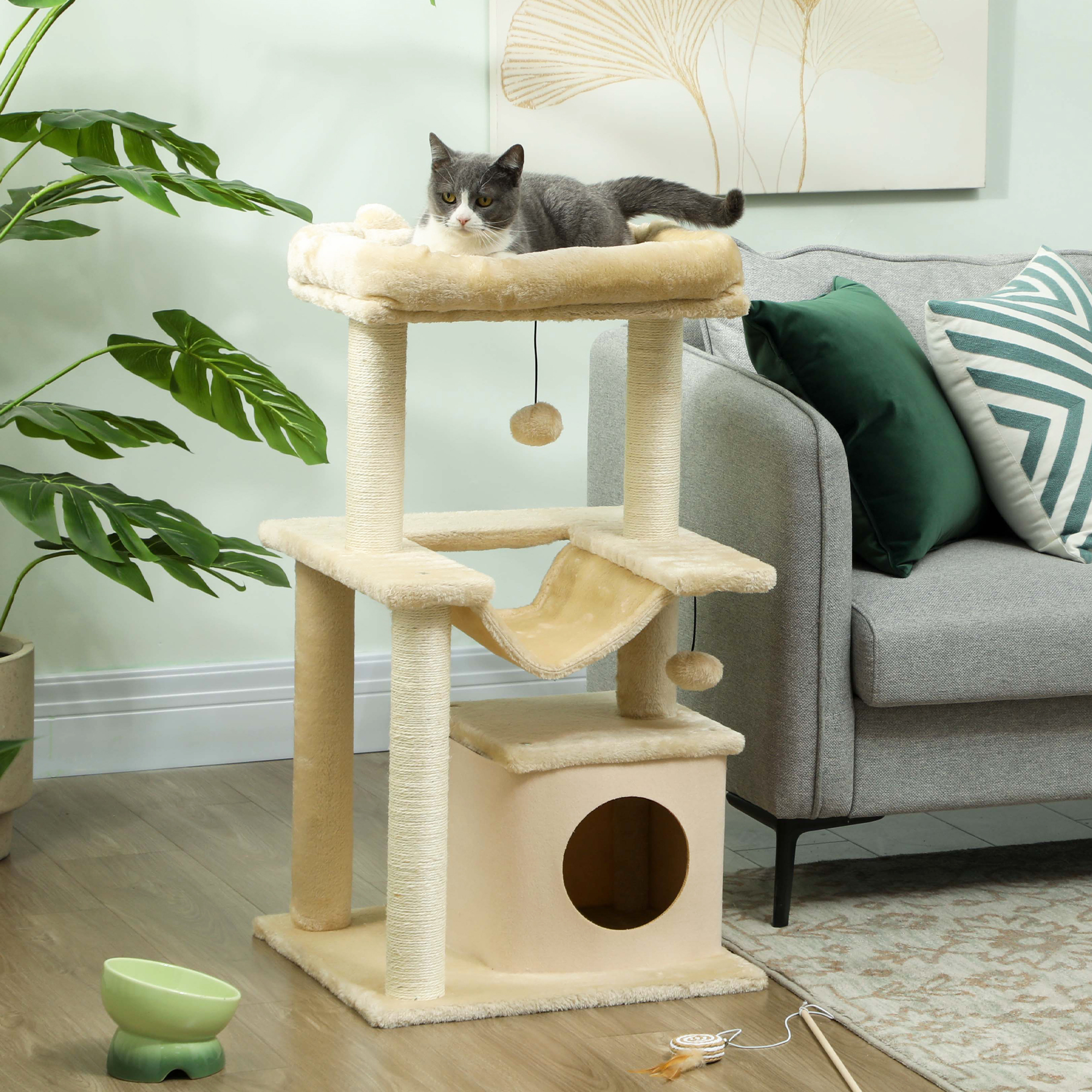 Katzenbaum, Kratzbaum mit Spielzeug, Sitzstange, Hängematte, 48 x 48 x 90 cm, Creme