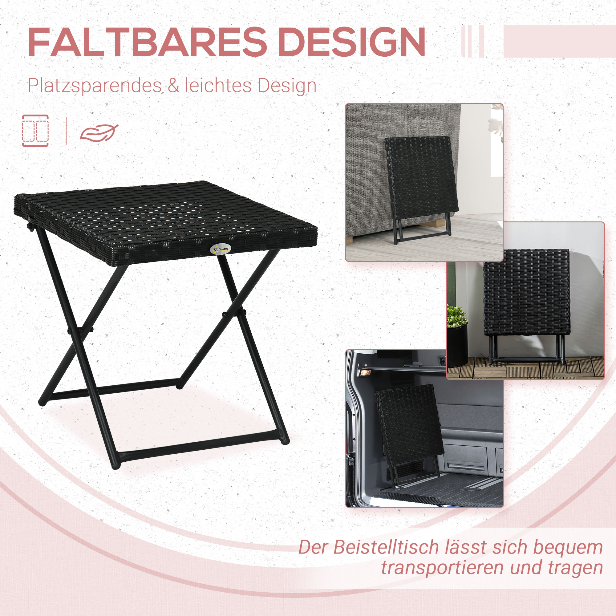 Polyrattan Balkontisch, klappbar, Stahlrahmen, pflegeleicht, 40x40x40 cm, Schwarz