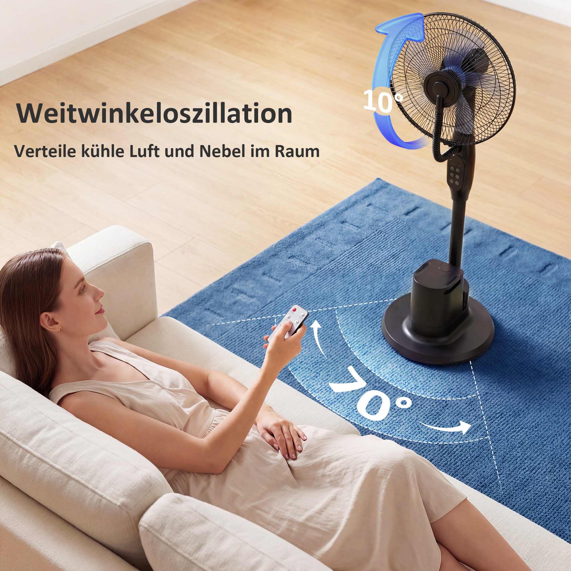 Stehventilator mit Sprühnebel, 70° Oszillation, 3 Geschwindigkeiten, 3 Modi, 3,5L Wassertank, Schwarz
