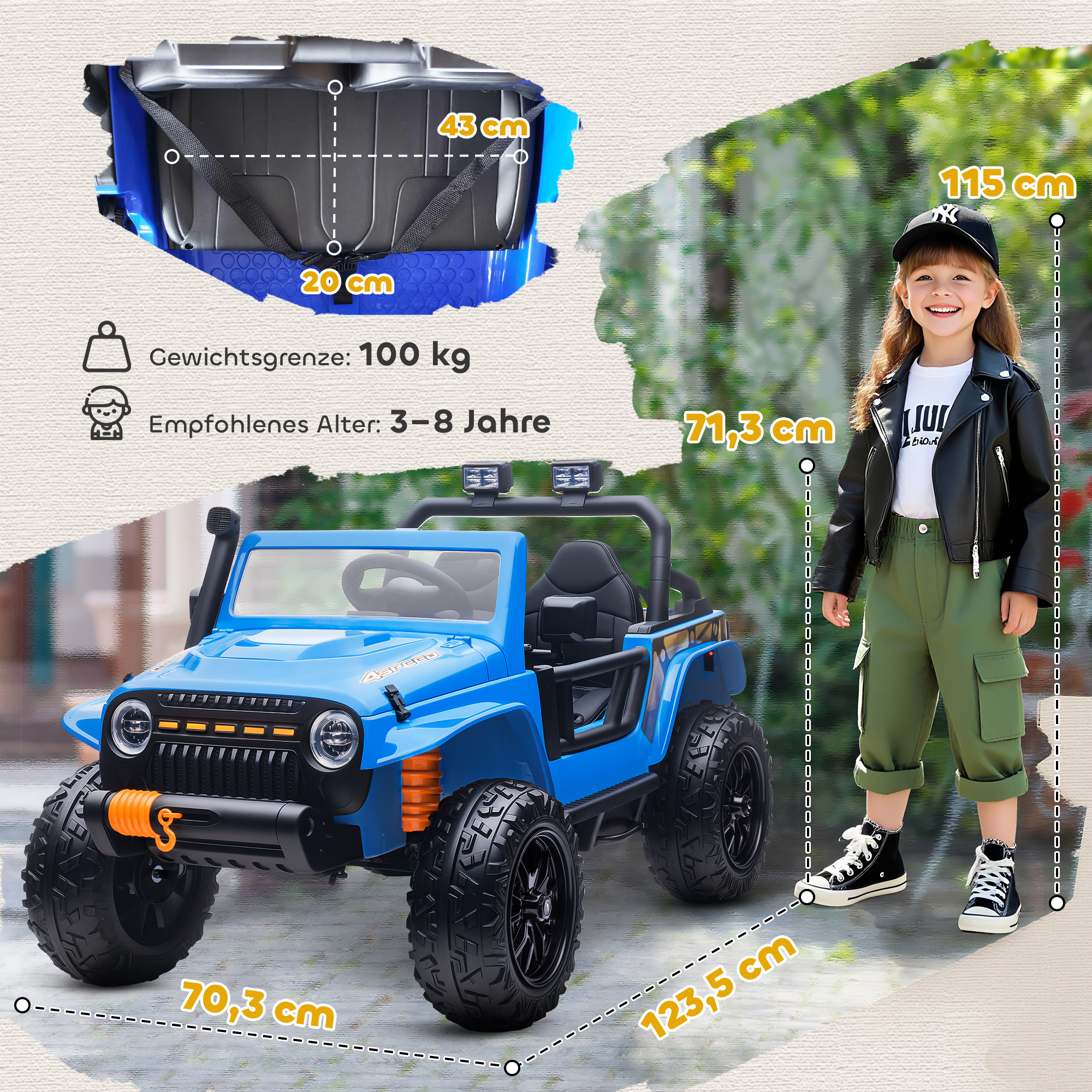 Elektrofahrzeug für Kinder, 12V Batterie, mit Eltern-Kind-Sitz, fernsteuerbar, Musik, Hupe, LED-Lichter, 3-8 Jahre, Blau