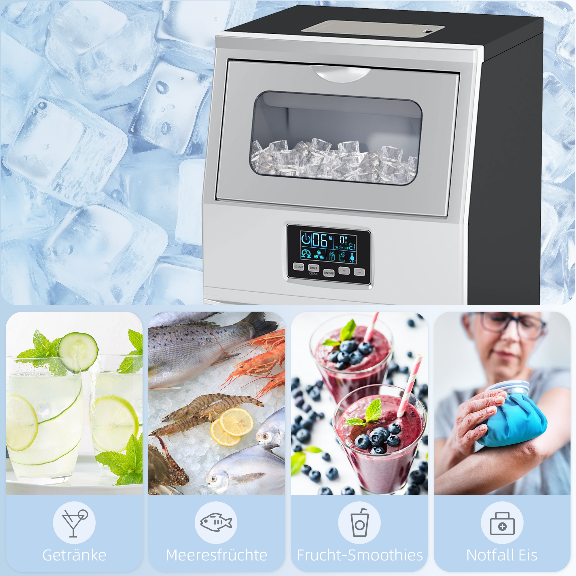 Eiswürfelmaschine, LED-Beleuchtung, leicht lesbare Anzeigen, mit Schaufel, Silber