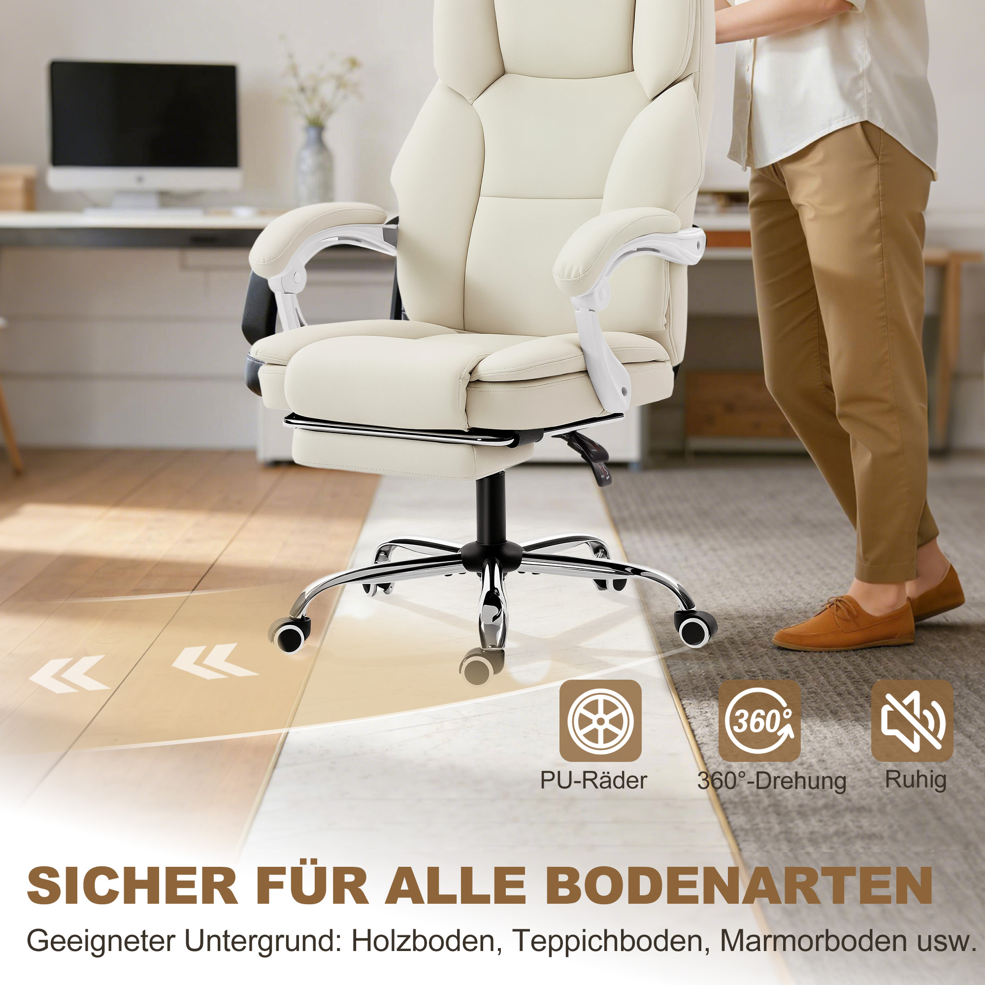 Bürostuhl mit Liegefunktion, Schreibtischstuhl, höhenverstellbar Drehstuhl mit Fußstütze, 64 x 73 x 120 cm, Beige