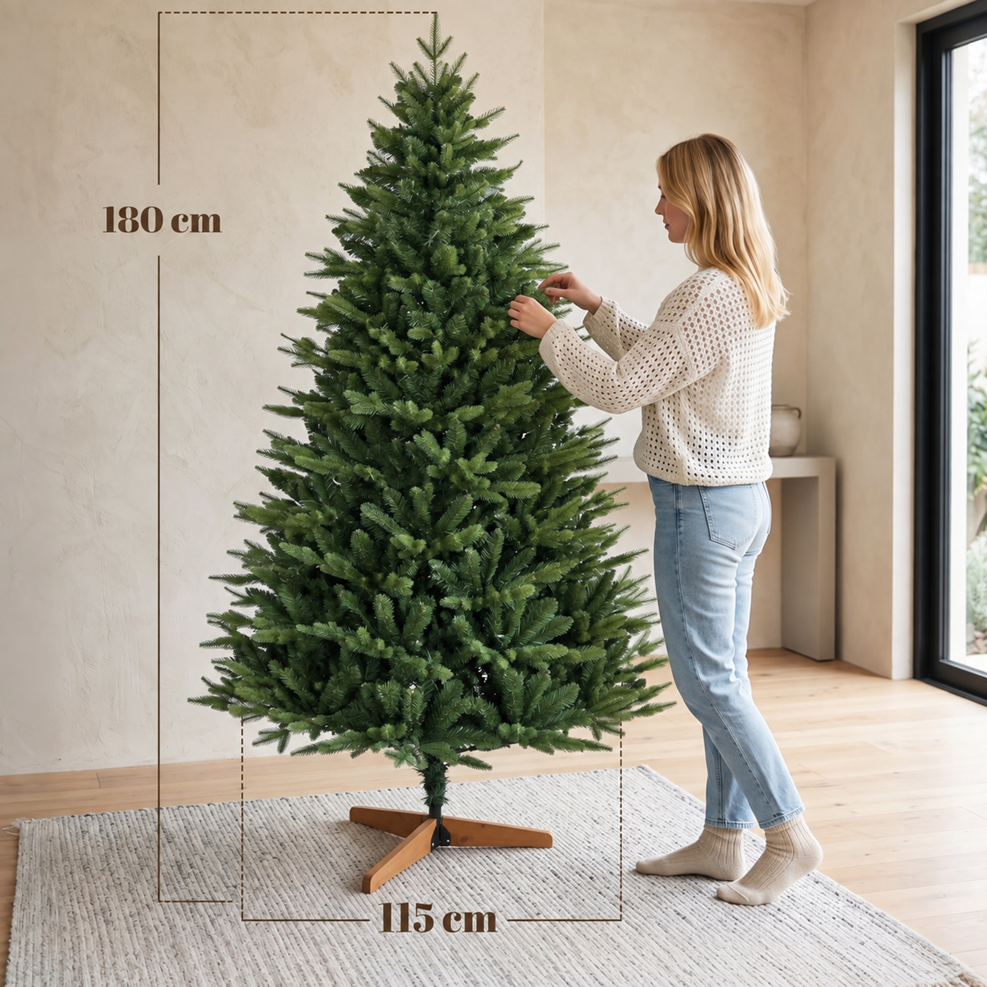 künstlicher Weihnachtsbaum 180 cm mit Kiefernholzständer, Nordic-Tanne mit Klappsystem, 889 Zweigspitzen, Grün