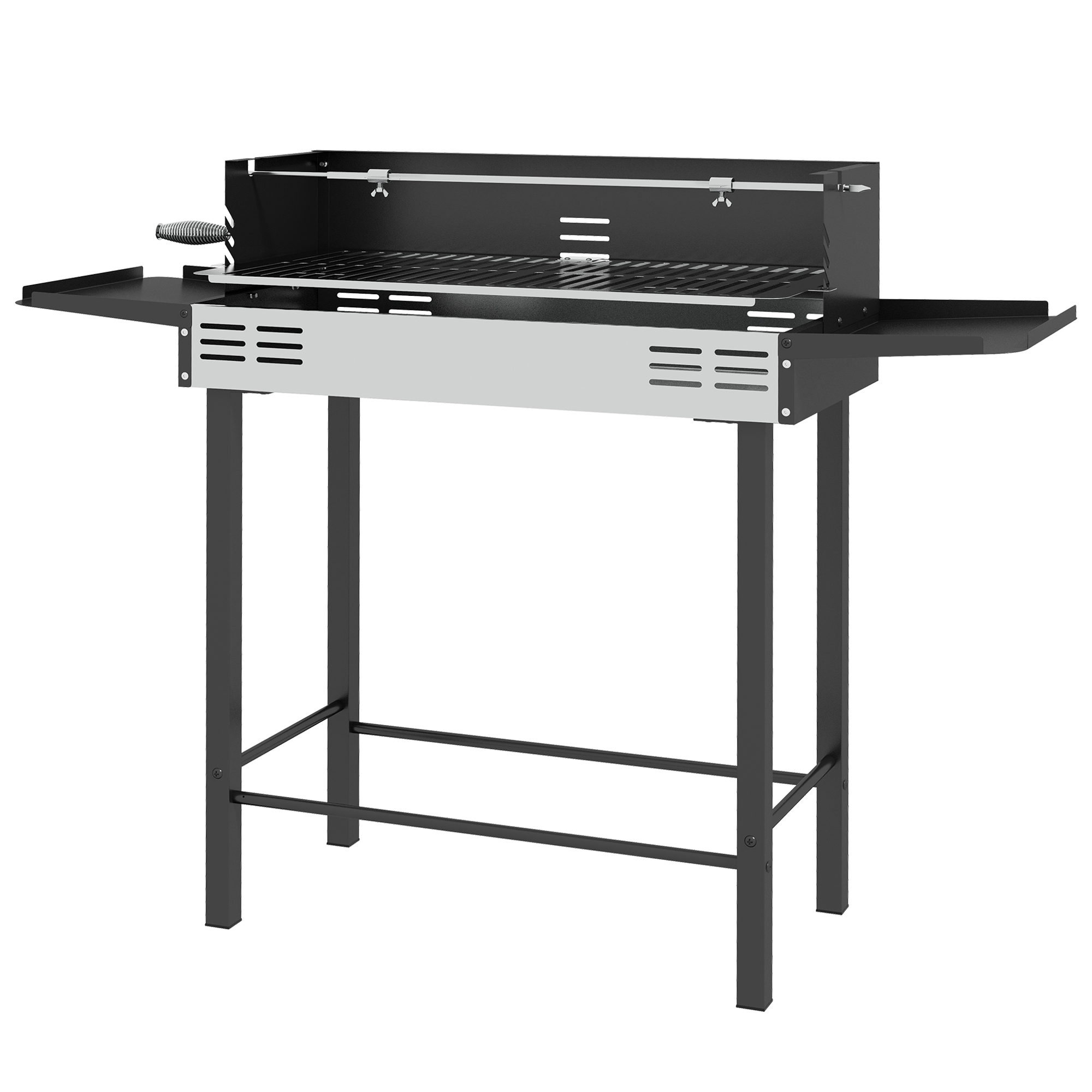 Holzkohlegrill Grill BBQ-Grill, verstellbares Rost, 1 Drehspieß, 118 x 32 x 90 cm, Schwarz + Silber