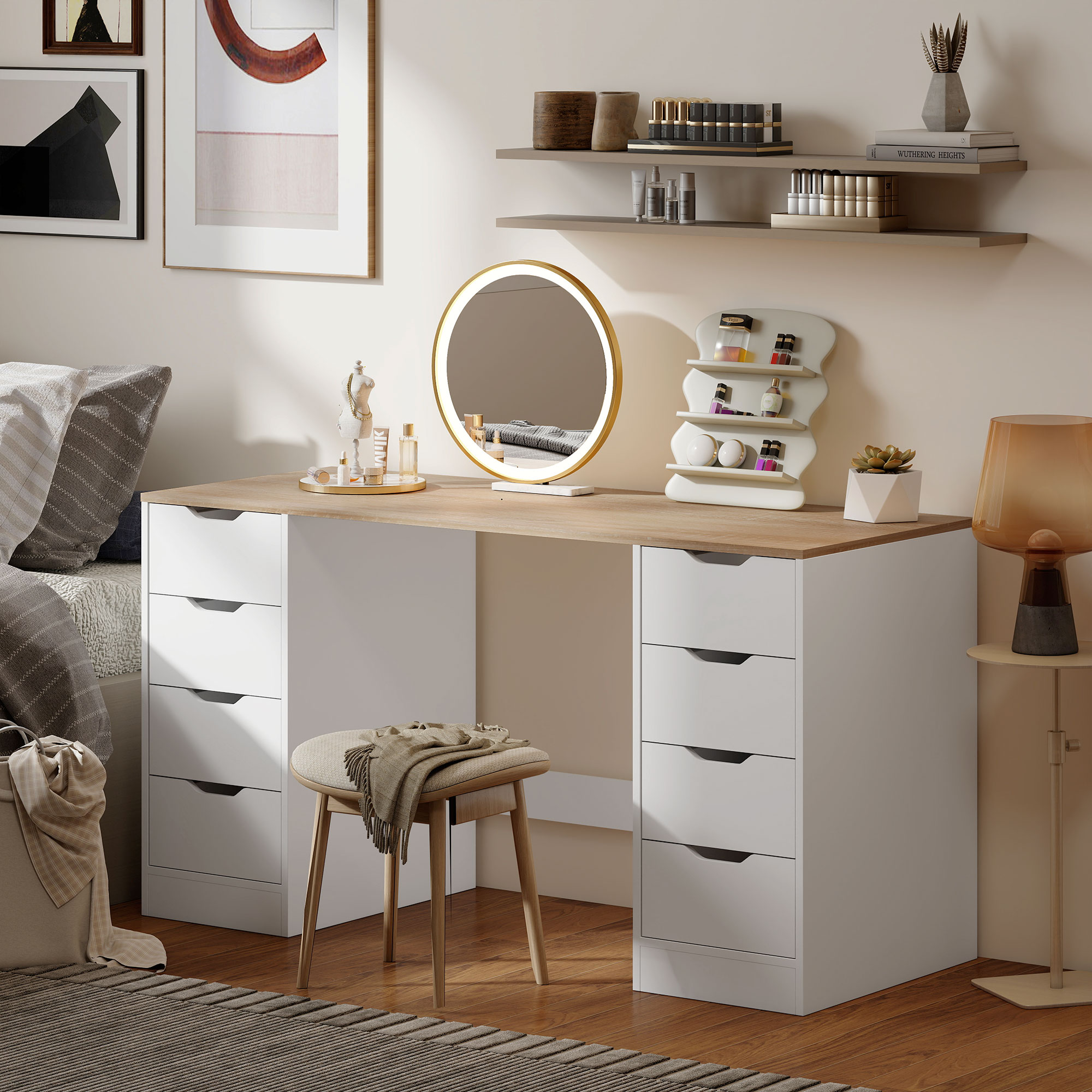 140 cm Computertisch, 8 Schubladen, Schreibtisch für Homeoffice, Schlafzimmer, Stahl, Holz, Weiß