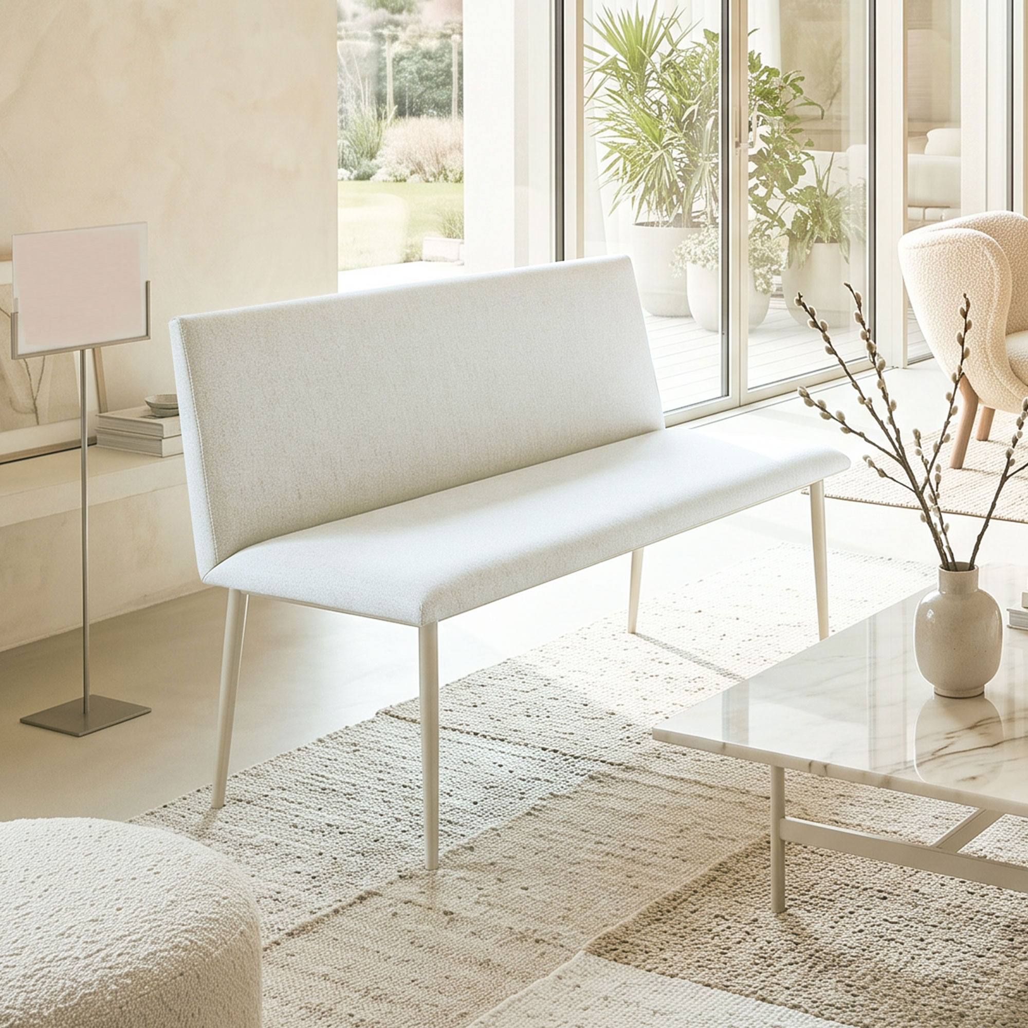 Esszimmerstuhl ohne Armlehnen, Stoff in Leinenoptik, Küchenstuhl mit Rückenlehne und Metallbeinen, für Wohnzimmer, Creme