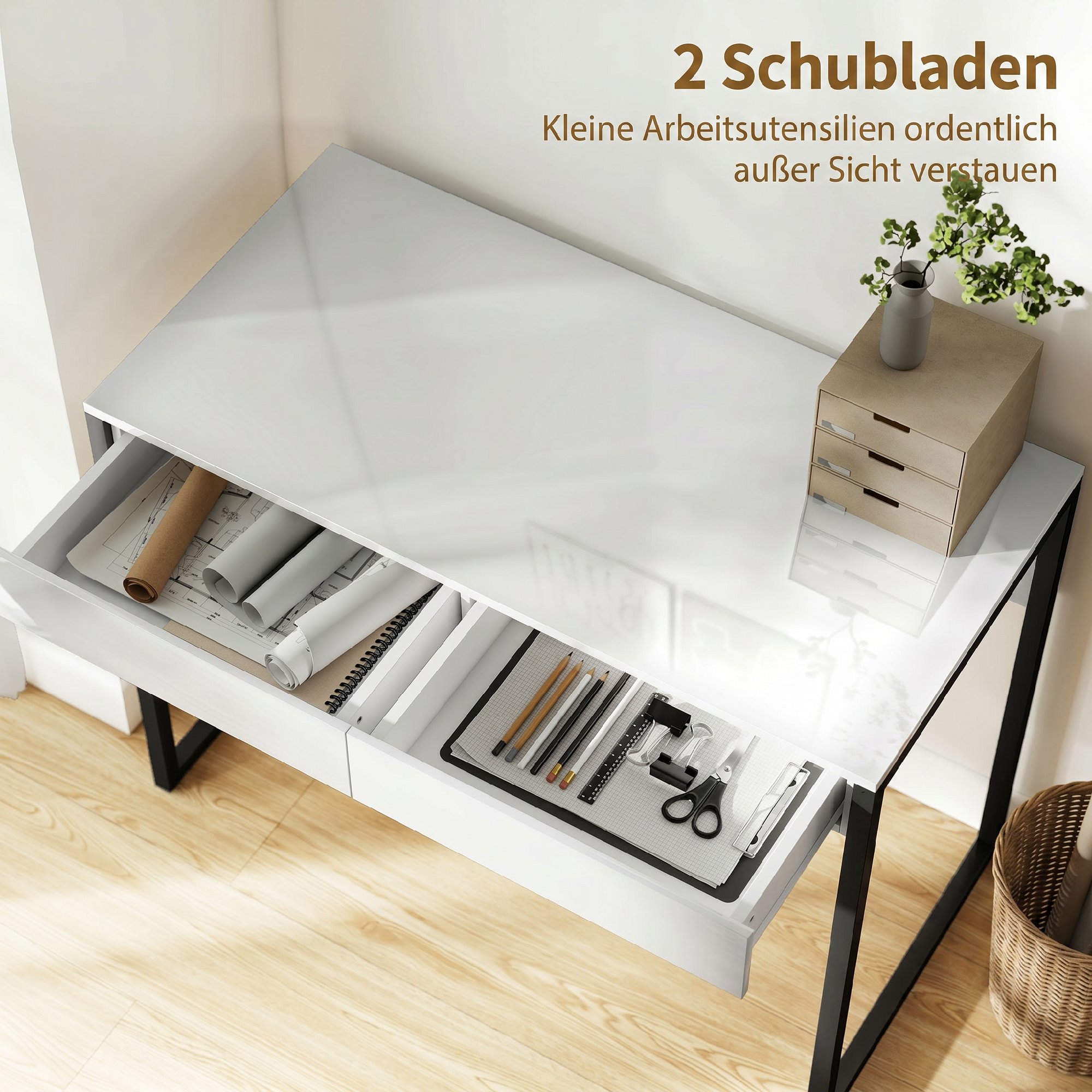 Schreibtisch 100 x 50 cm Computertisch Bürotisch mit 2 Schubladen, für kleine Räume, Schwarz