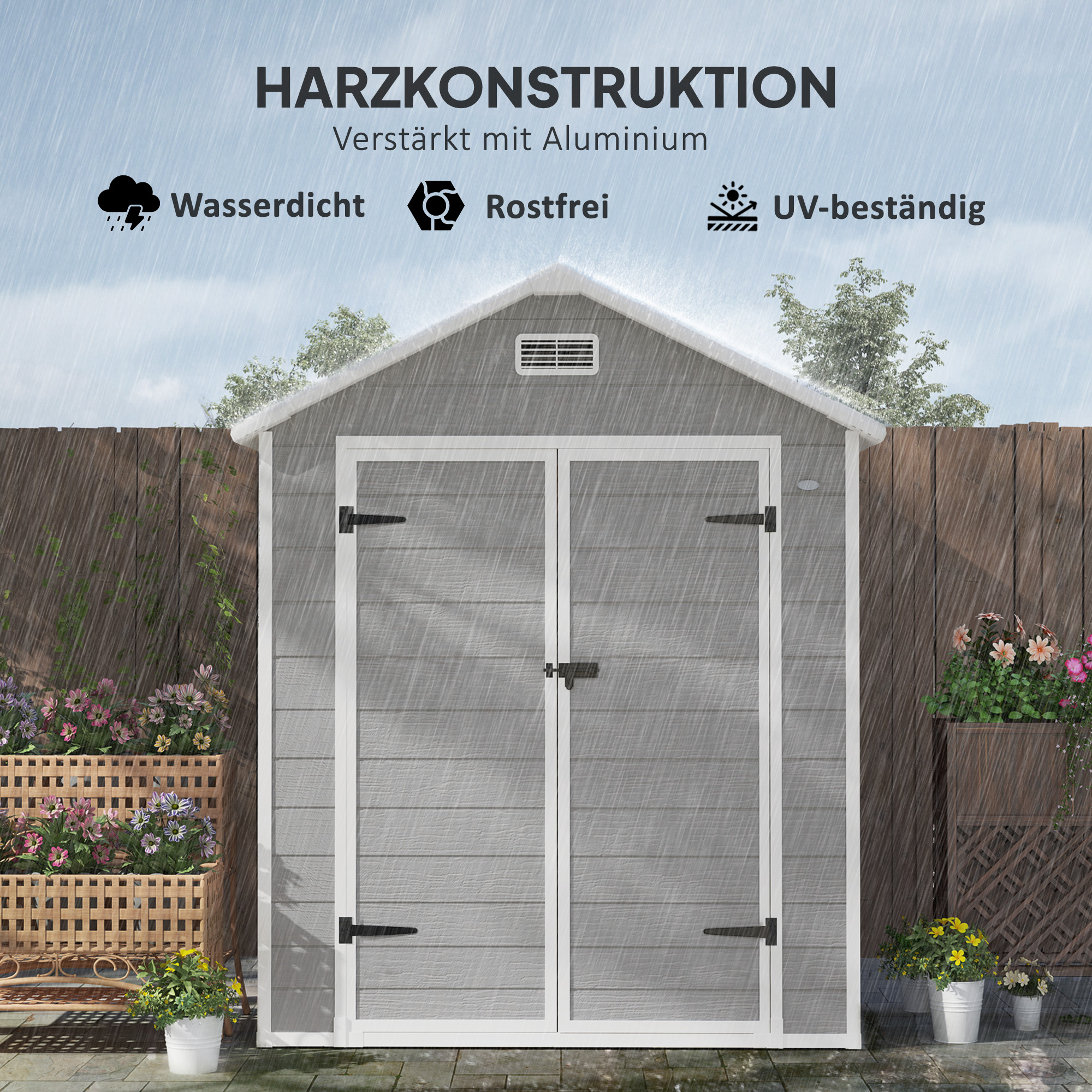 Gartenschuppen, Geräteschuppen mit Boden, verschließbare Türen, Lüftungsöffnungen, Fenster, Holzoptik, Kunststoff, Grau