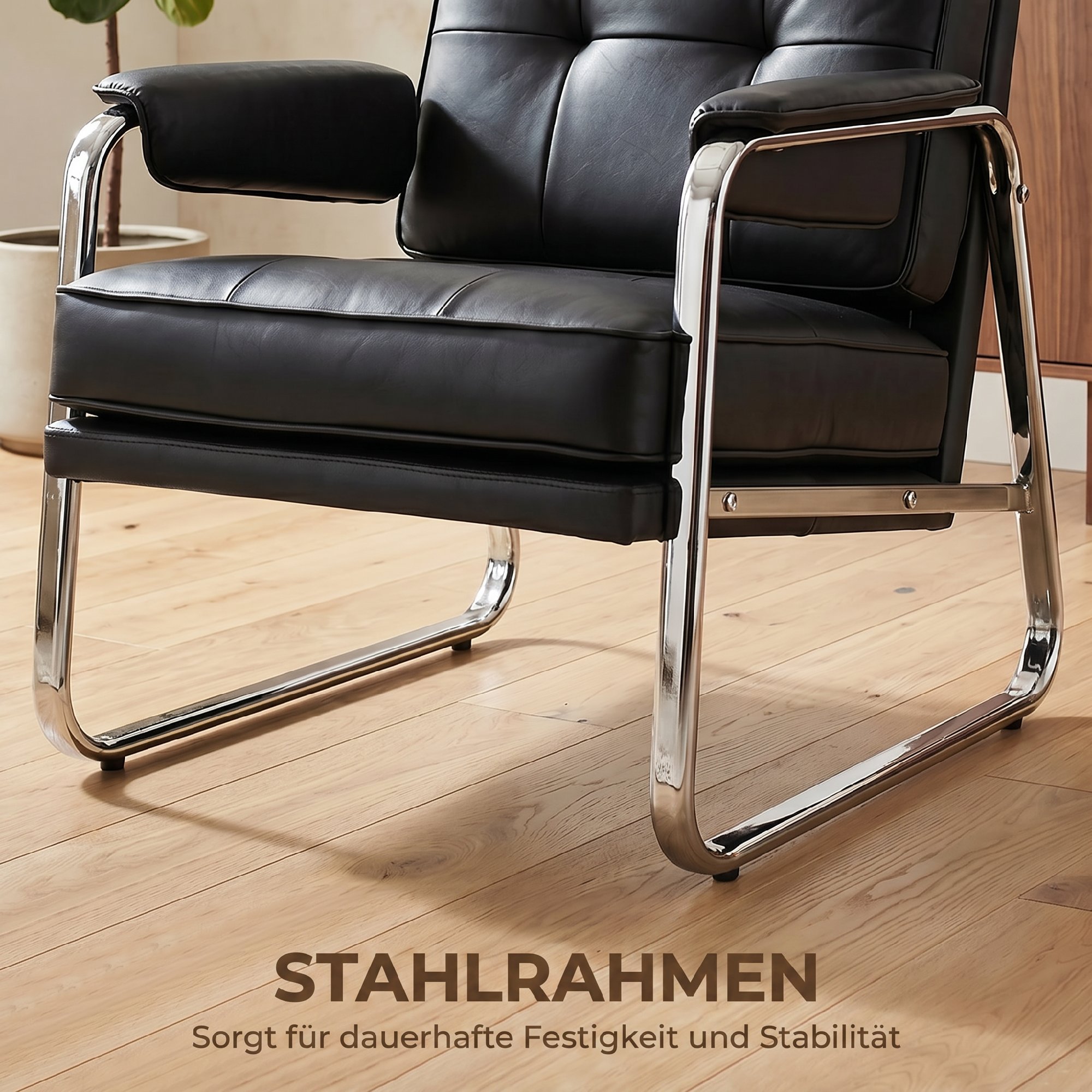 Sessel Loungesessel mit breiter Sitz, Armlehnen, Stahlbeinen, aus Kunstleder für Wohnzimmer, Schlafzimmer, Schwarz