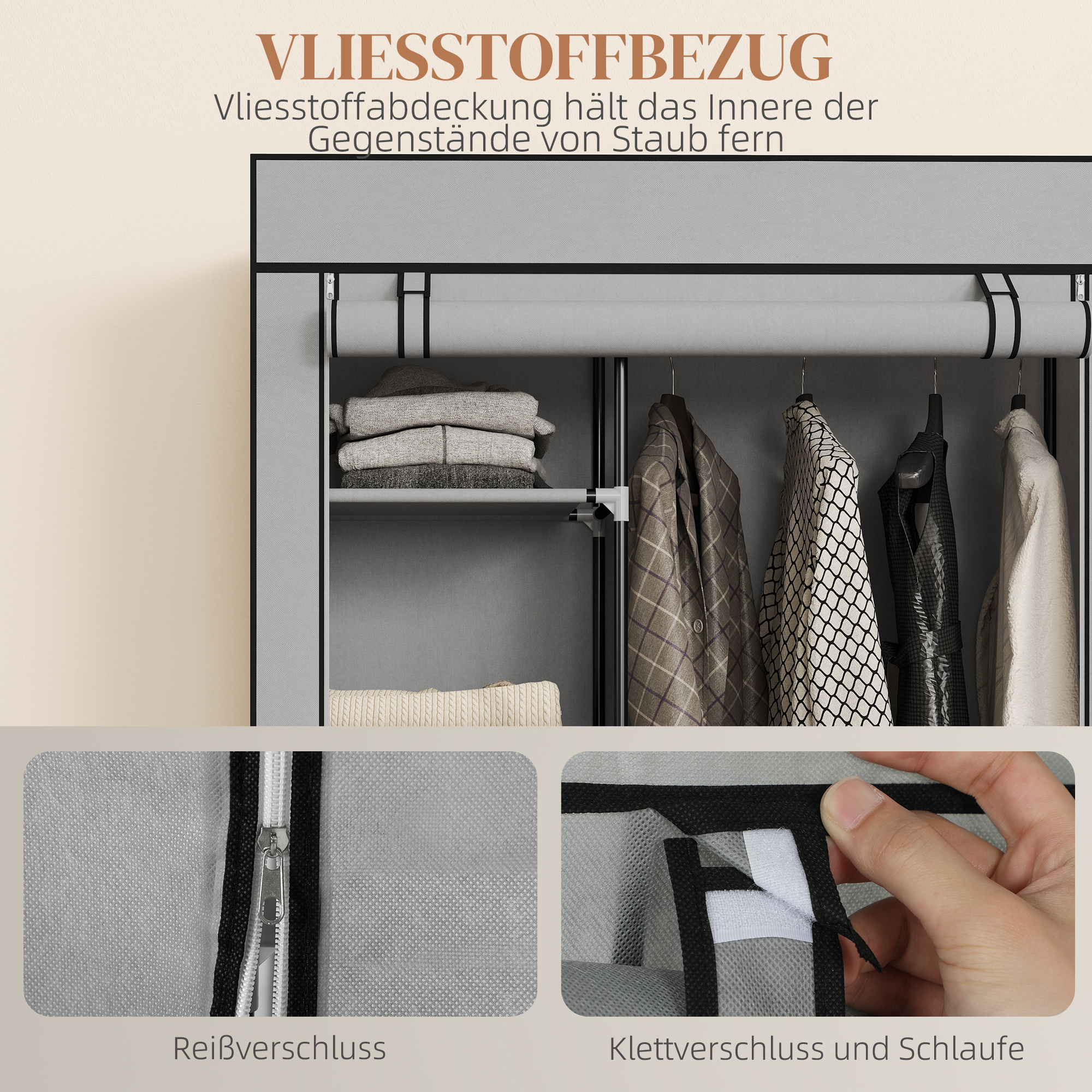 Schrank aus Stoff, Aufbewahrungslösung, 6 Regale, 1 Kleiderstange, Hellgrau